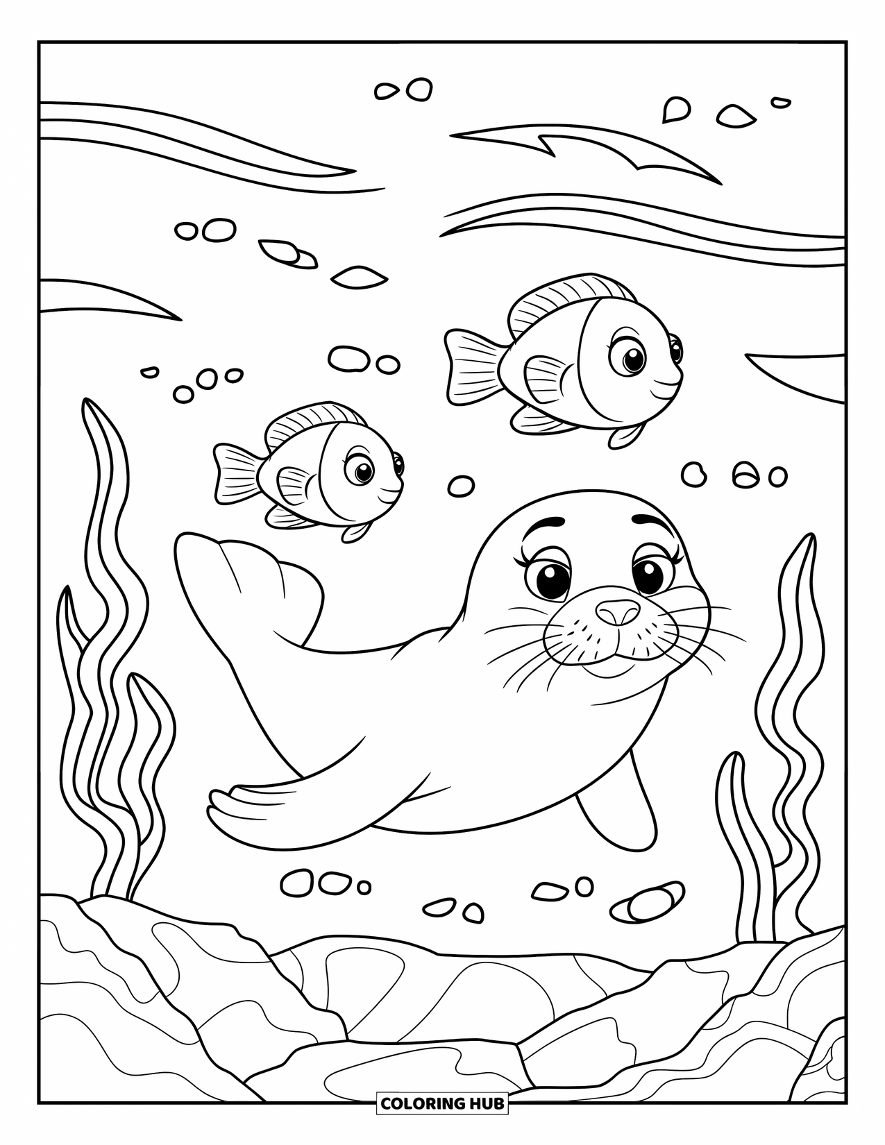 Seal Coloring Page for Kids: Seal and fish swim together near rocks and seaweed