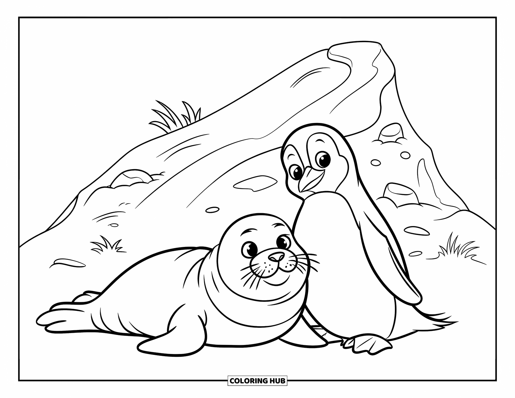 Seal Coloring Page for Kids: Seal and penguin rest quietly near rocks and tufts of grass