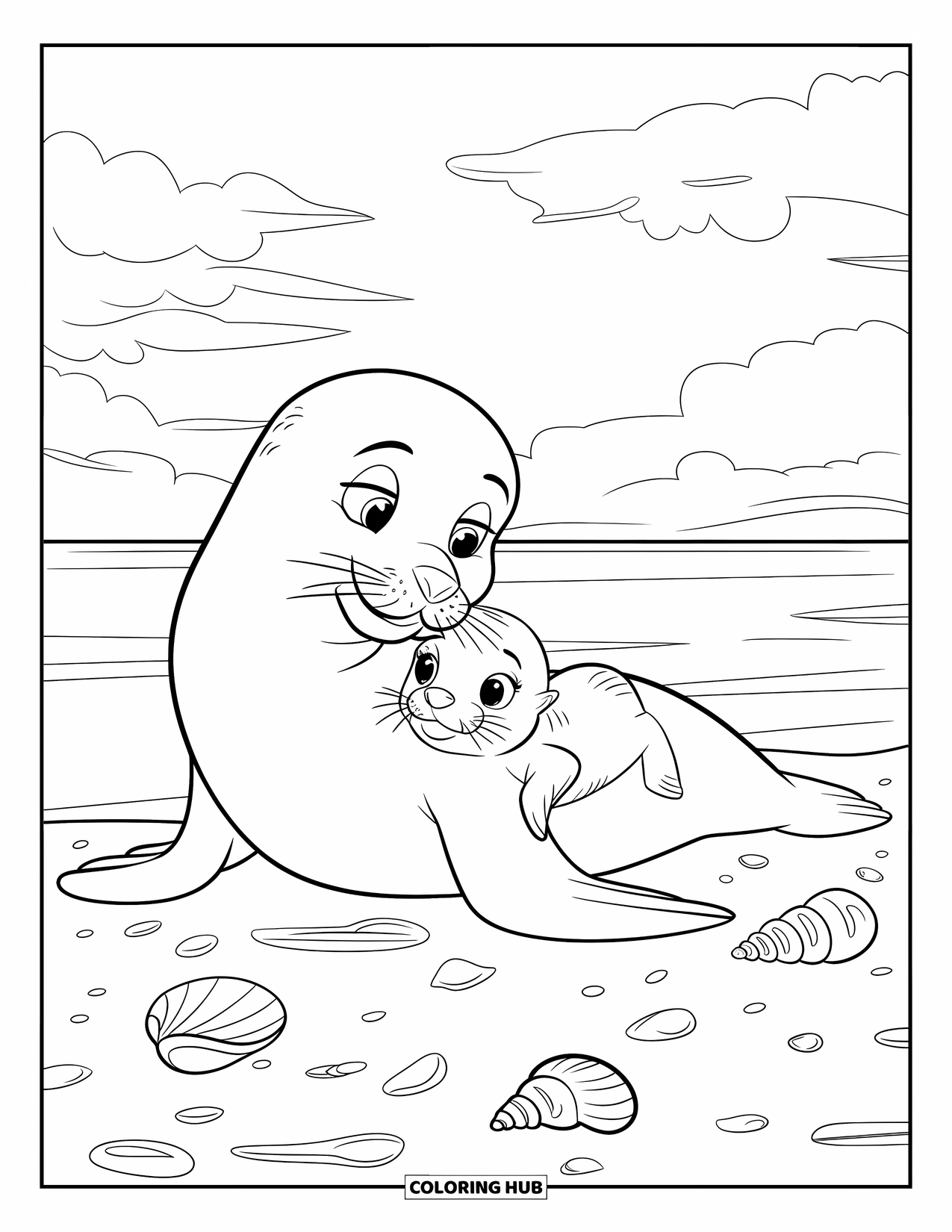 Seal Coloring Page for Kids: Seal and pup rest on a beach under a cloudy sky