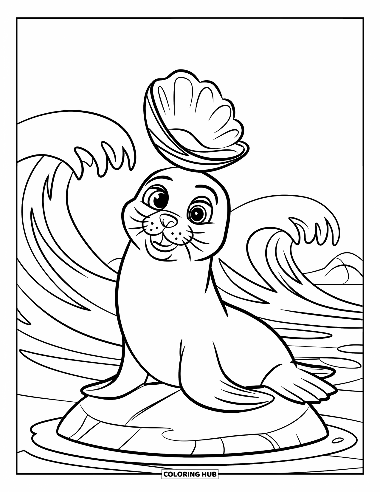 Seal Coloring Page for Kids: Seal balances a shell on its nose by rocks and waves