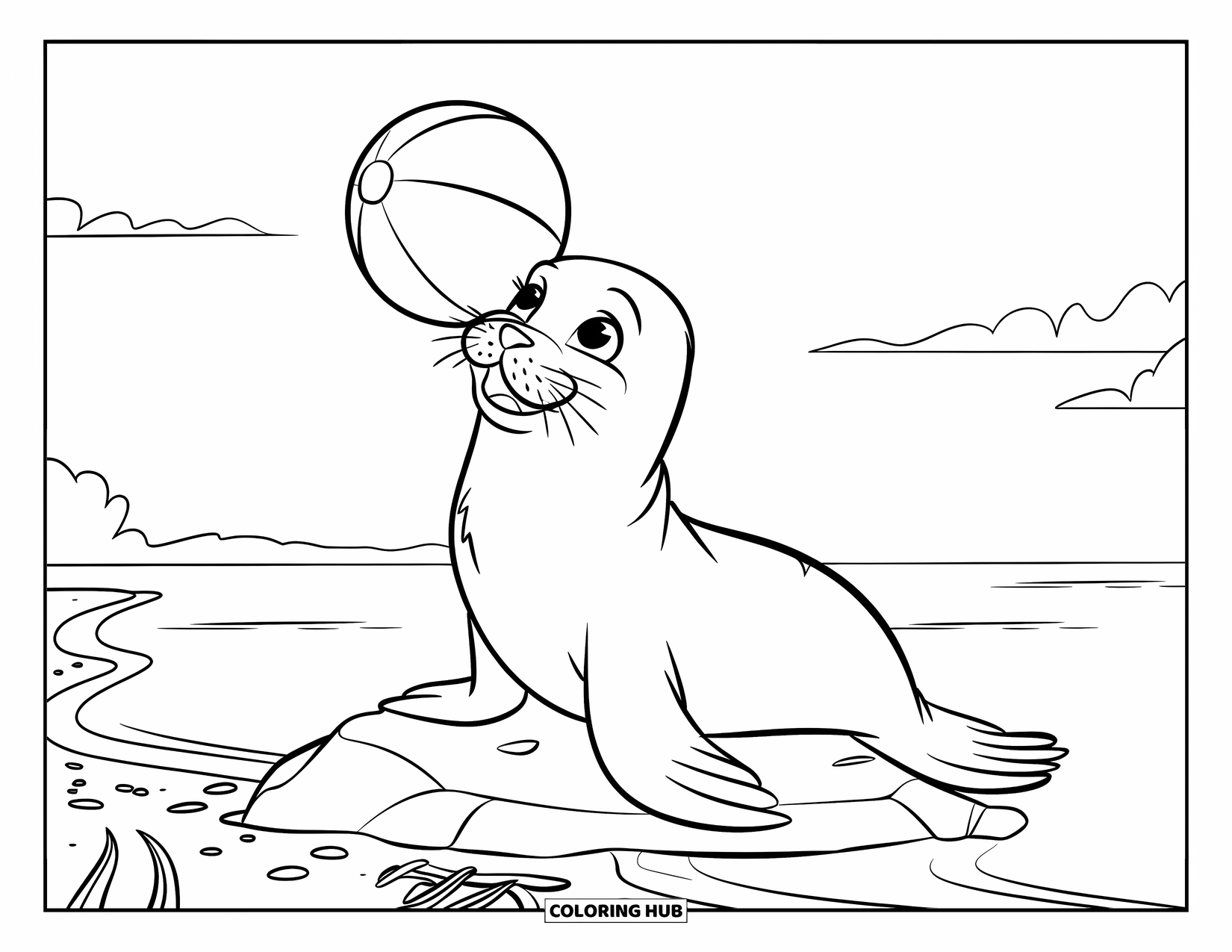 Seal Coloring Page for Kids: Seal balances beach ball on rock near gentle ocean waves