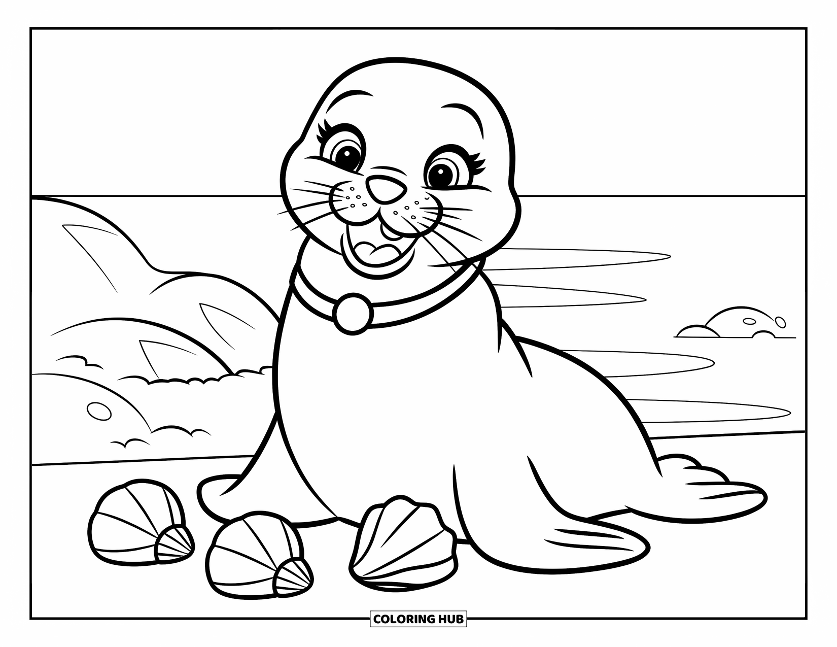 Seal Coloring Page for Kids: Seal claps cheerfully with a collar and seashells on the sand