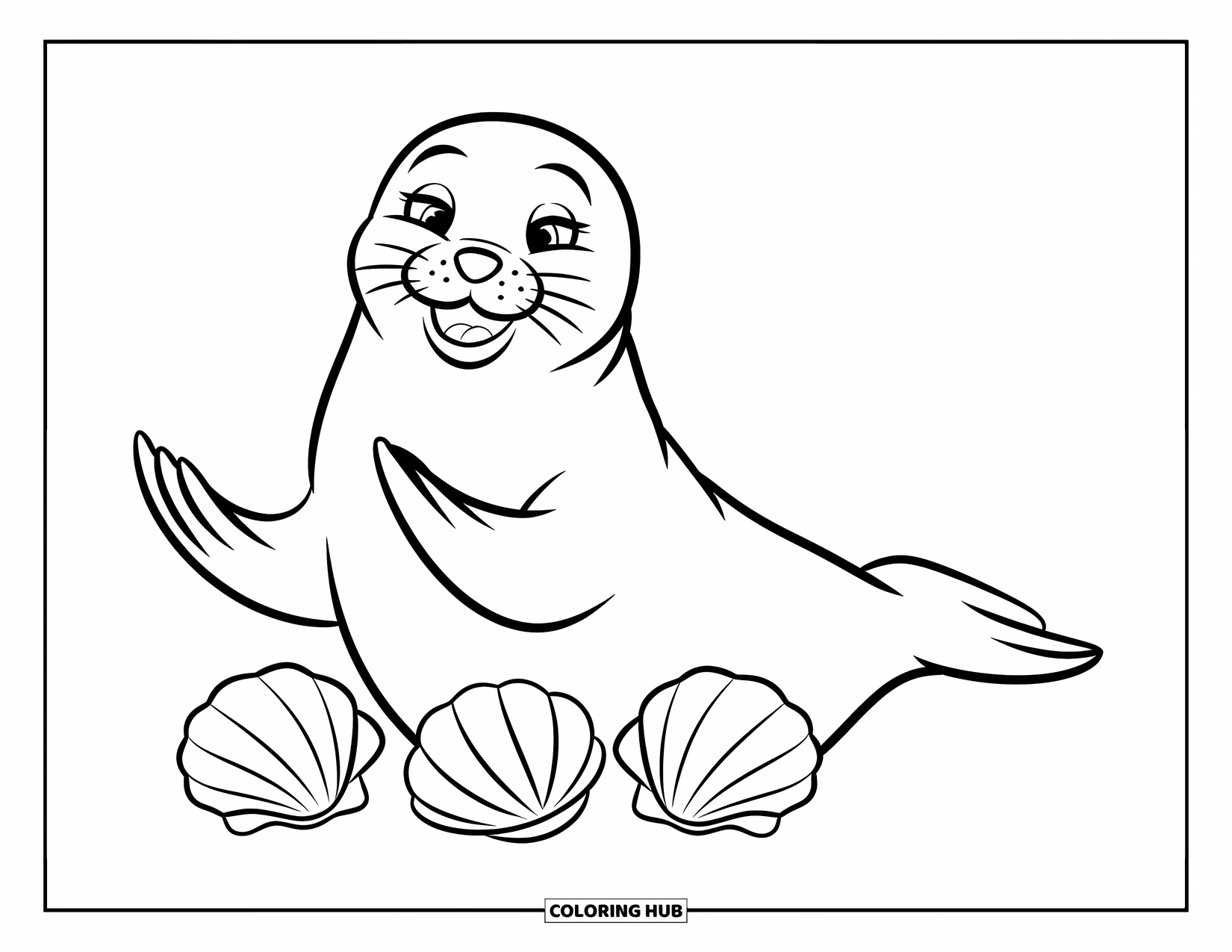 Seal Coloring Page for Kids: Seal claps happily with seashells in front of it