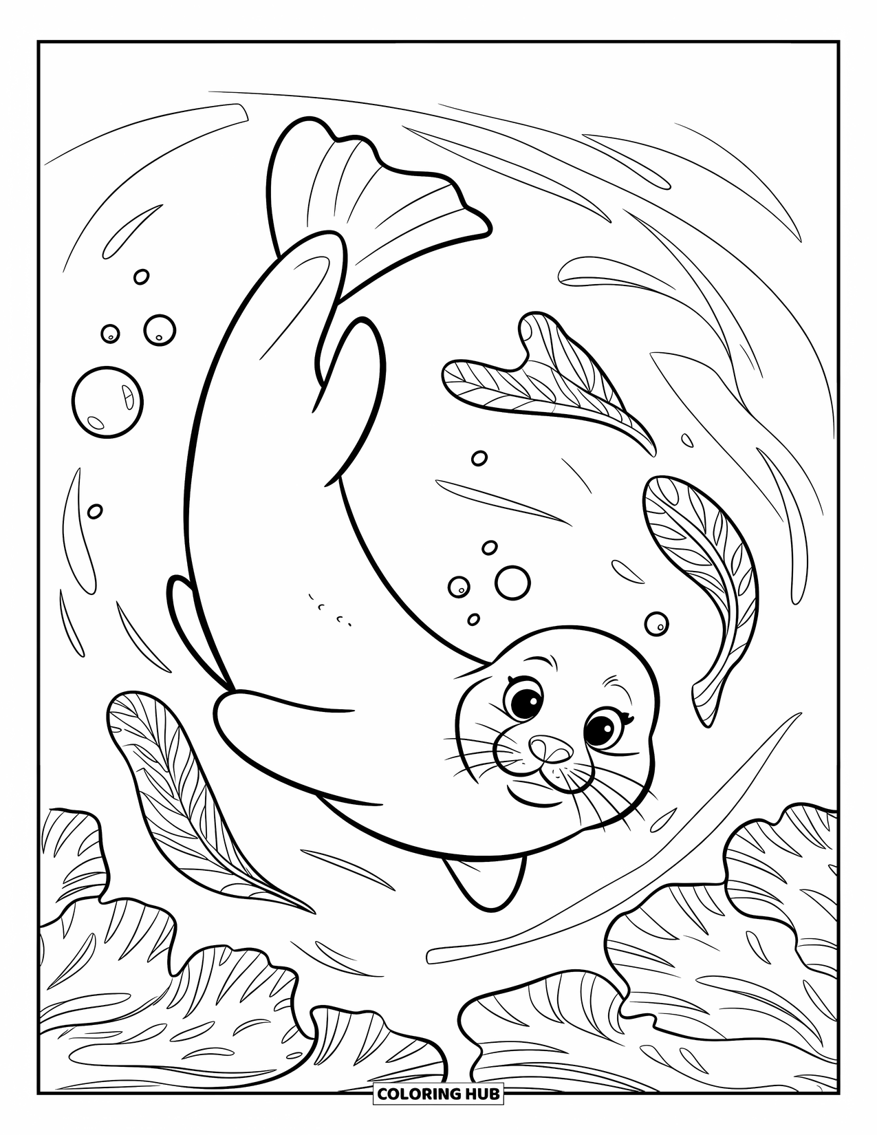 Seal Coloring Page for Kids: Seal flips playfully with bubbles and kelp all around