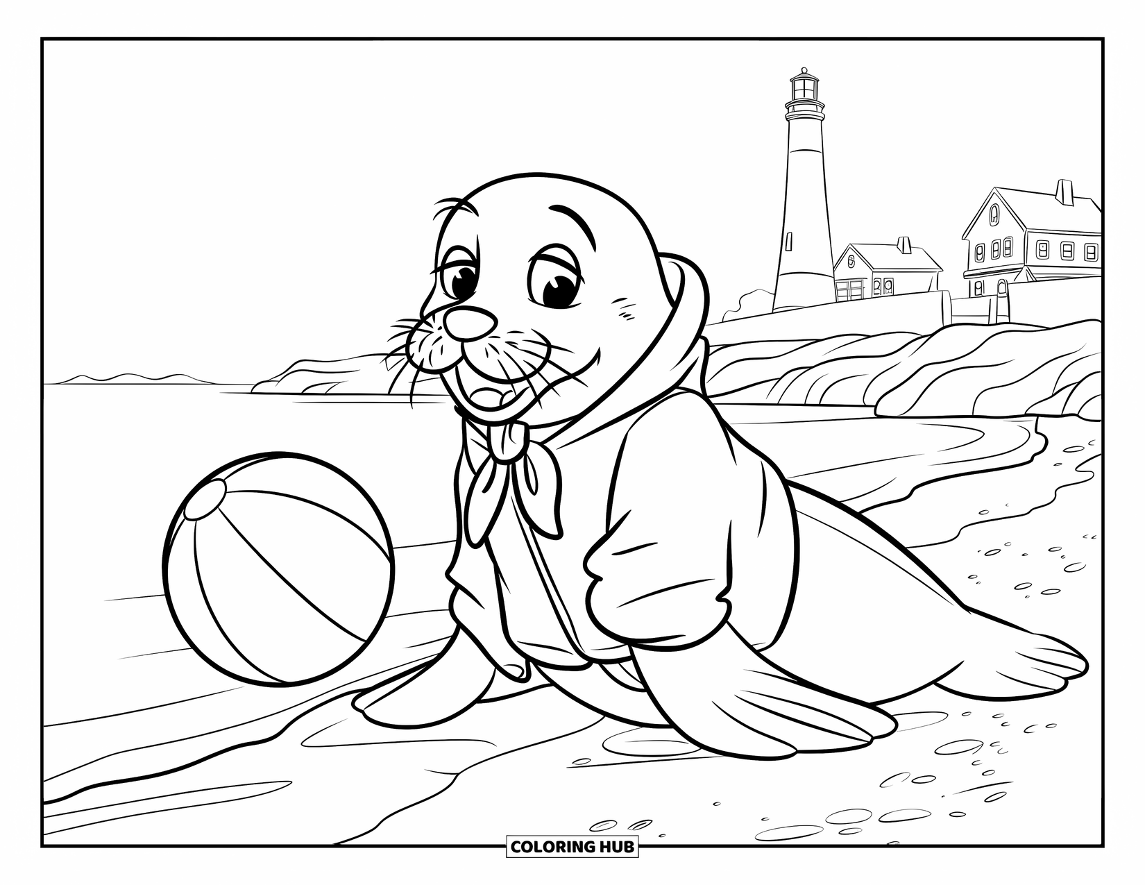 Seal Coloring Page for Kids: Seal in a raincoat plays with a beach ball near the sea