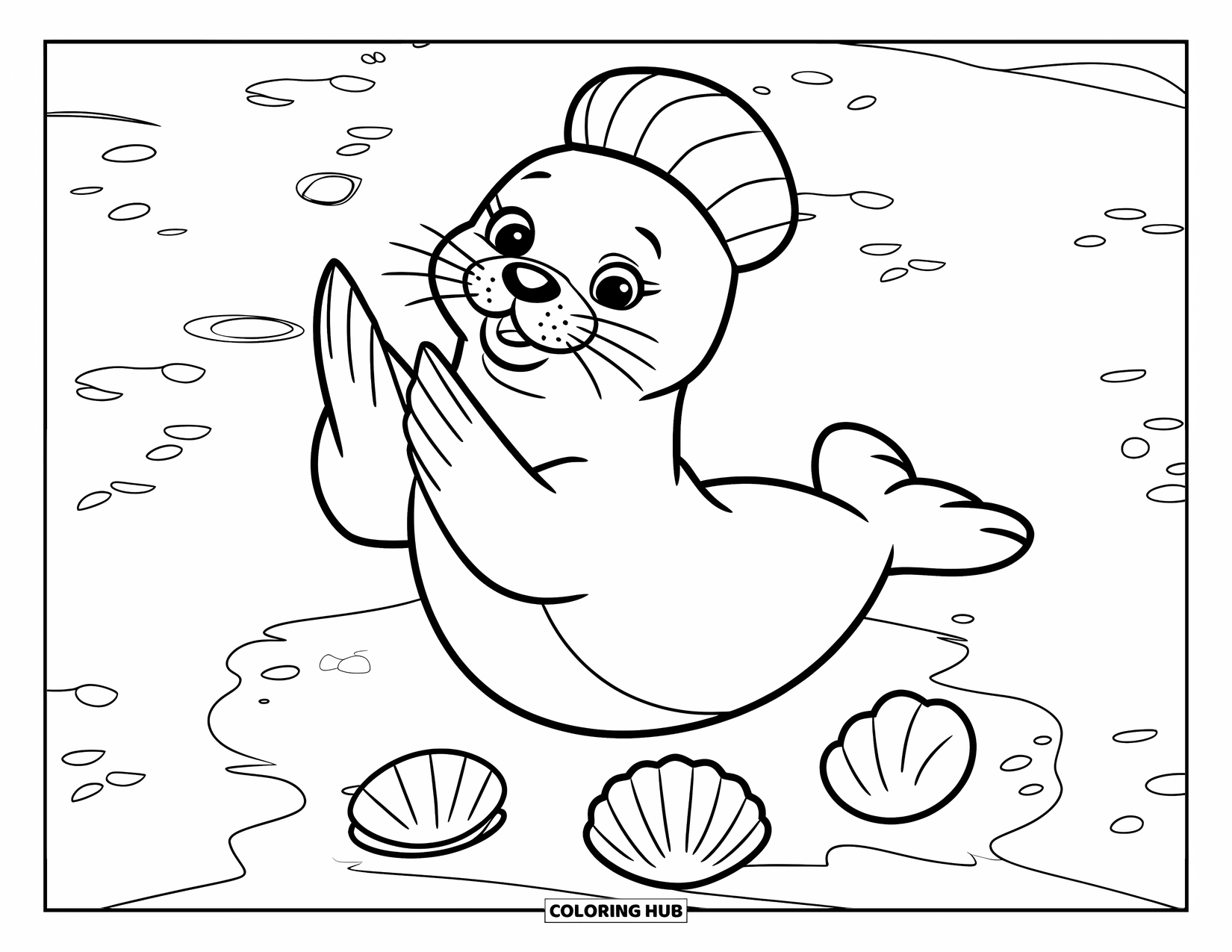 Seal Coloring Page for Kids: Seal in a striped hat claps by footprints and seashells on the beach