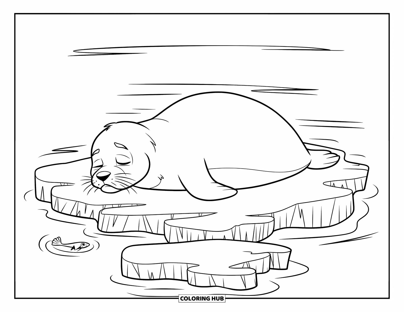 Seal Coloring Page for Kids: Seal lies on cracked ice as a tiny fish swims near its nose