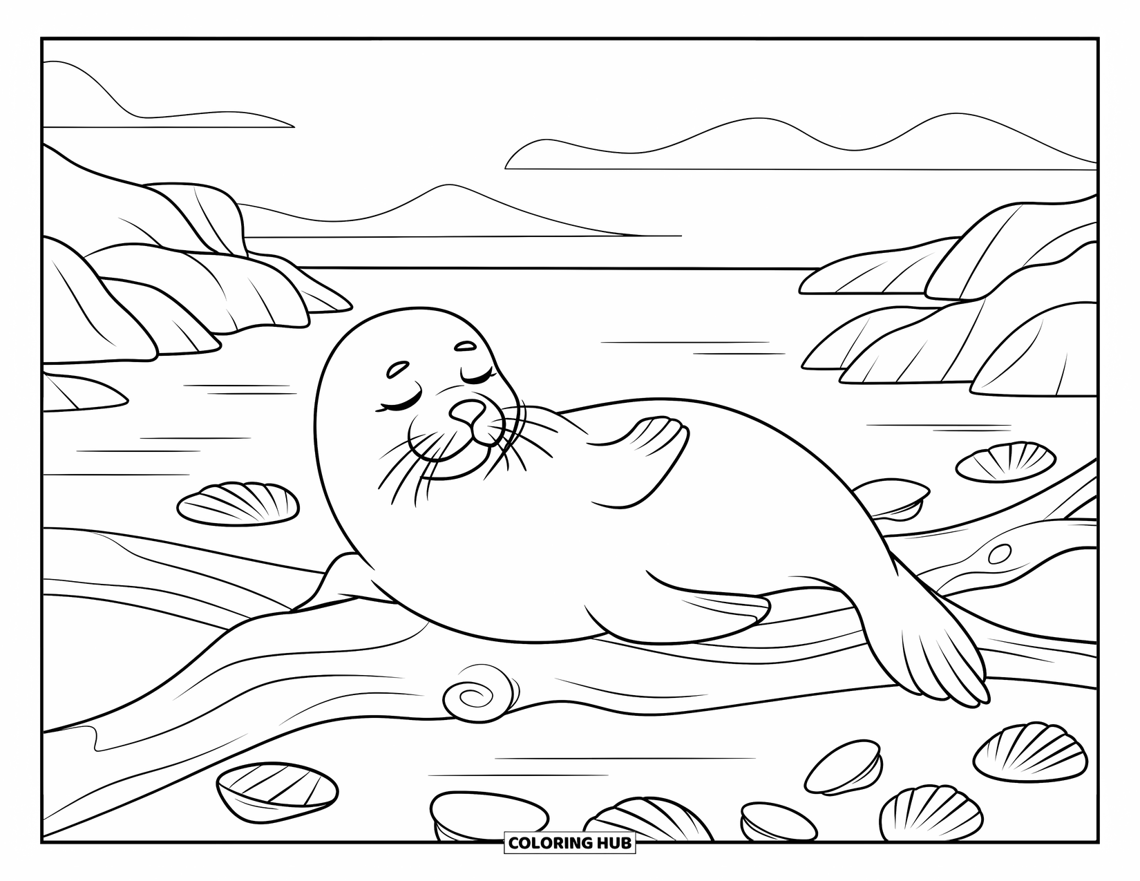 Seal Coloring Page for Kids: Seal naps on driftwood by calm water and scattered shells
