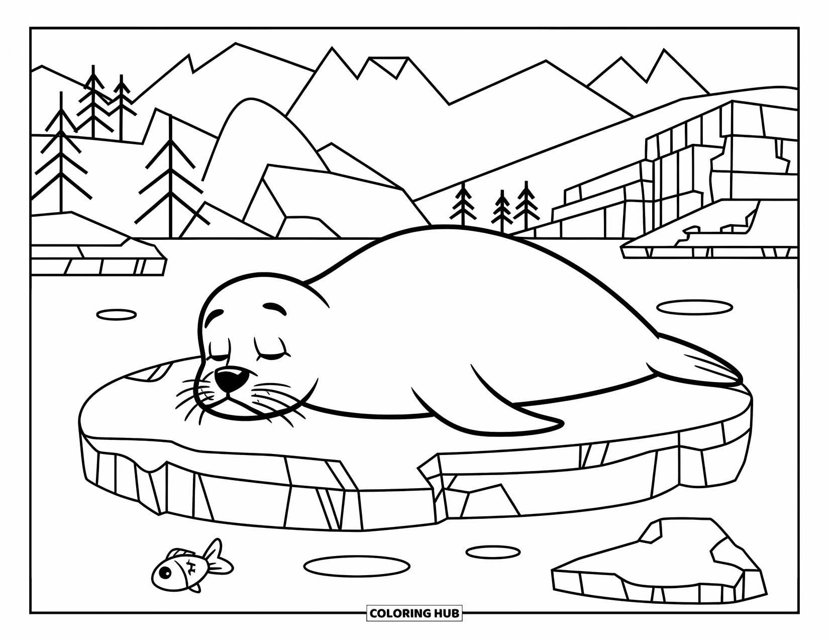 Seal Coloring Page for Kids: Seal naps on icy ground with a fish floating close