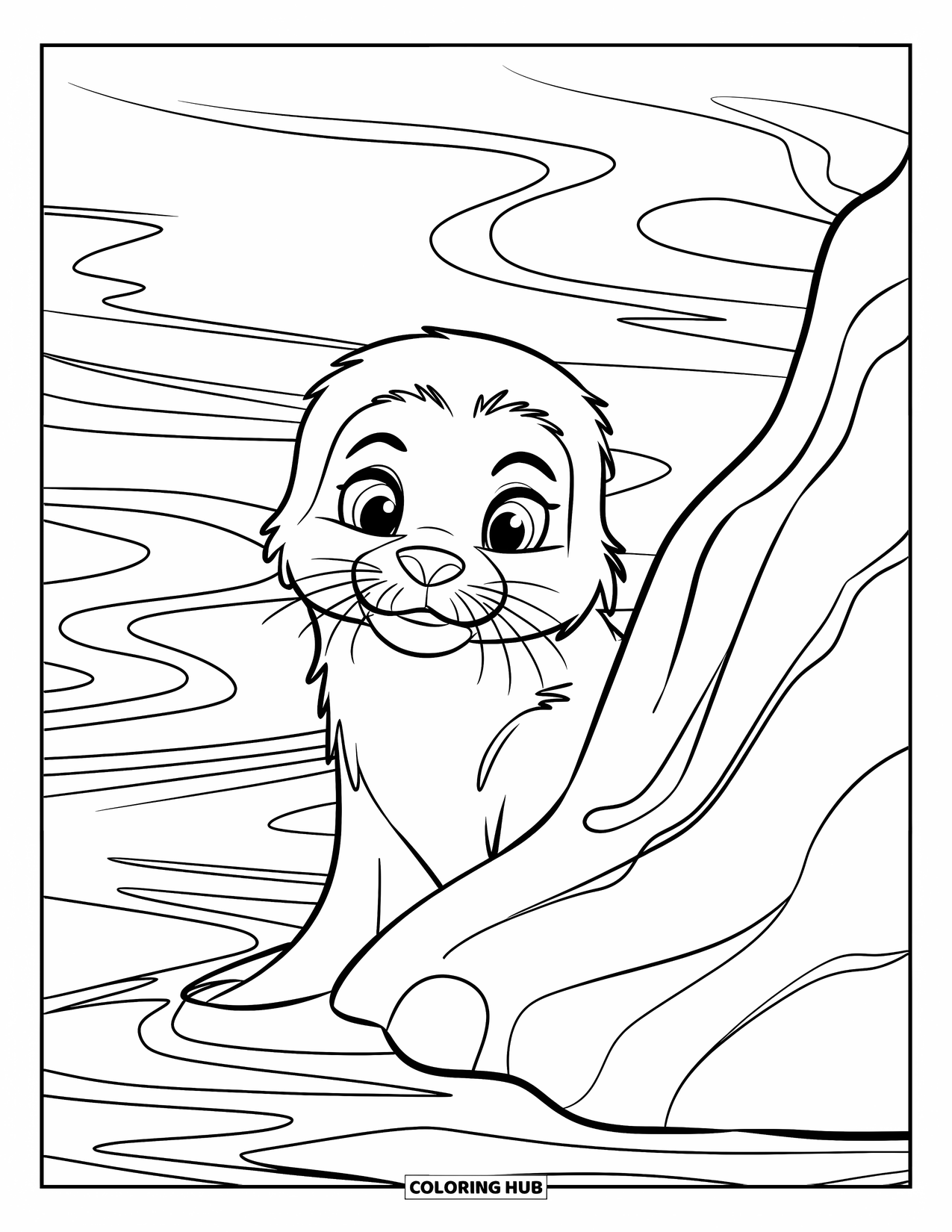 Seal Coloring Page for Kids: Seal pup peeks shyly from behind a big rock