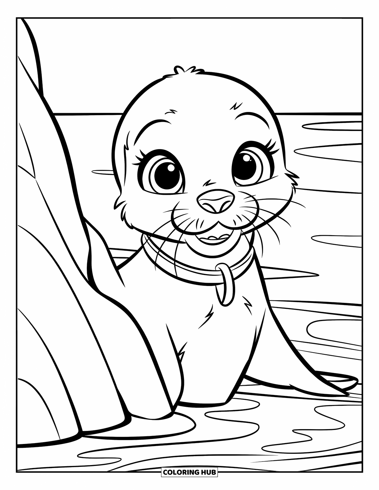 Seal Coloring Page for Kids: Seal pup with big eyes peeks out by calm ocean waves