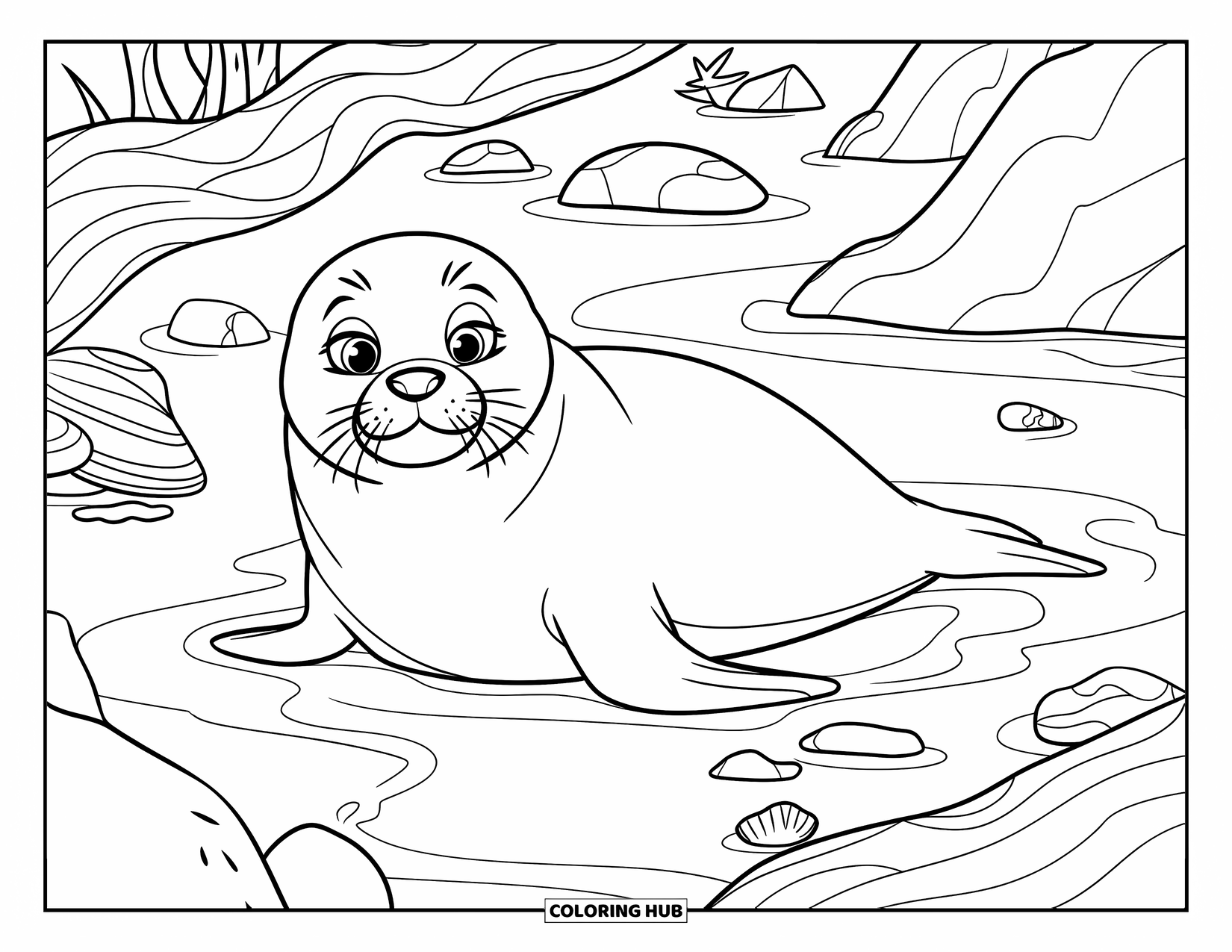 Seal Coloring Page for Kids: Seal rests on driftwood with shells and soft ripples nearby