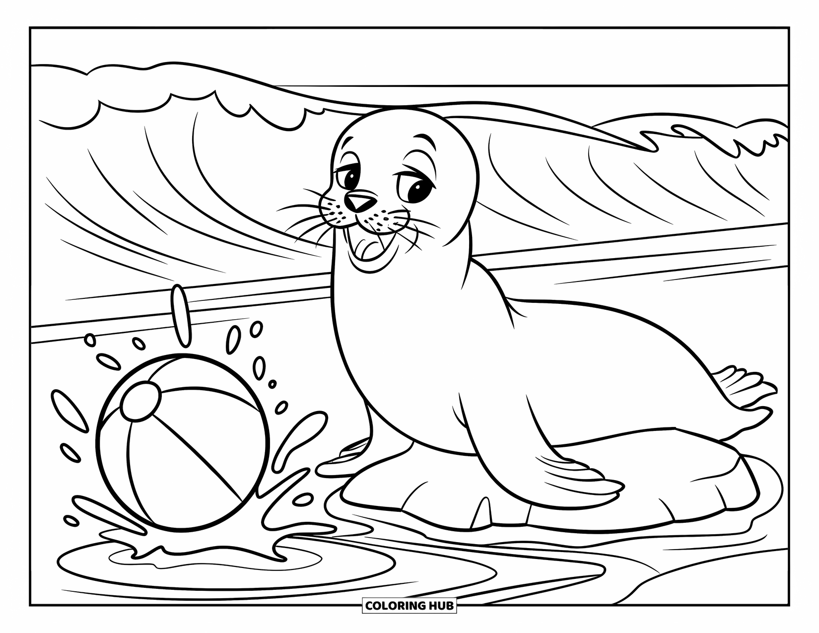 Seal Coloring Page for Kids: Seal splashes water while playing with a beach ball