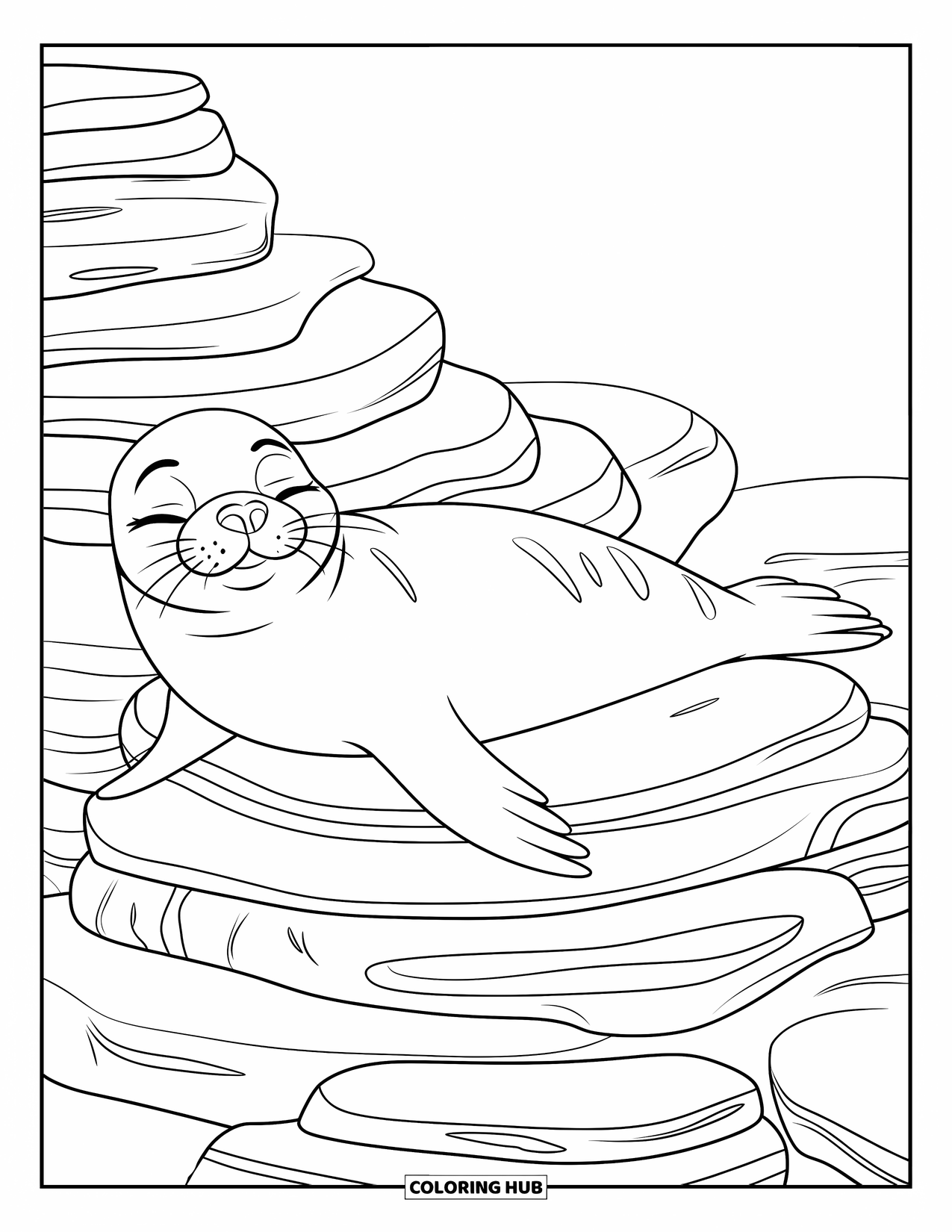 Seal Coloring Page for Kids: Seal stretches out on layered rocks with eyes closed