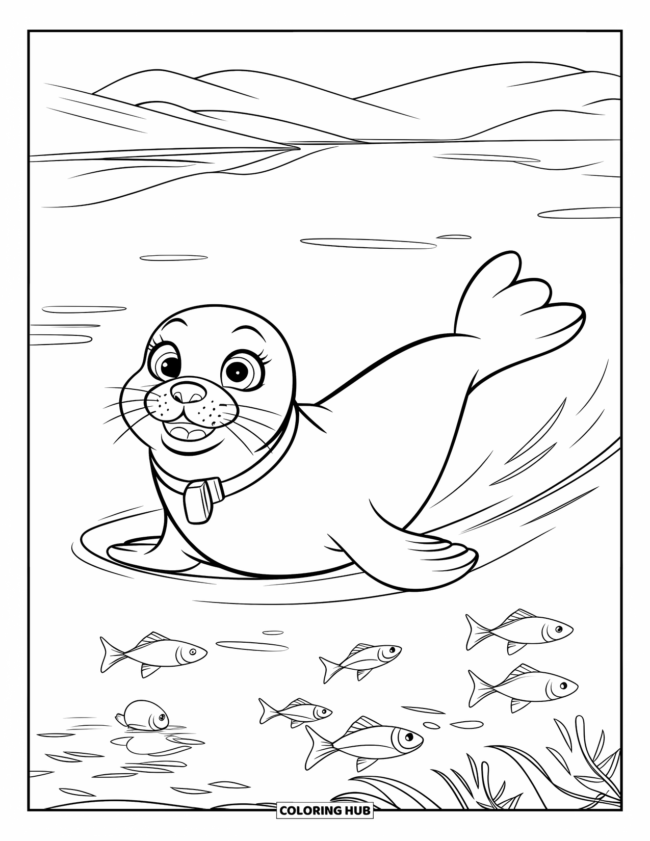 Seal Coloring Page for Kids: Seal wearing a collar glides while fish shimmer under the water