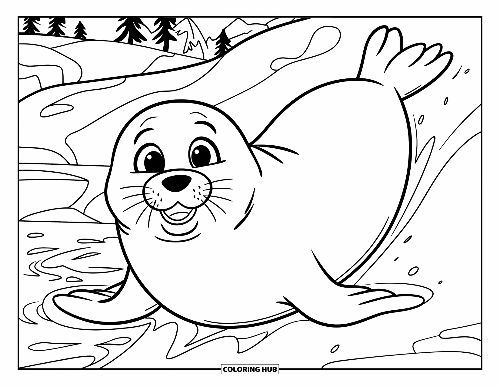 Seal Coloring Page for Kids: Seal with round body slides fast down a snowy hill