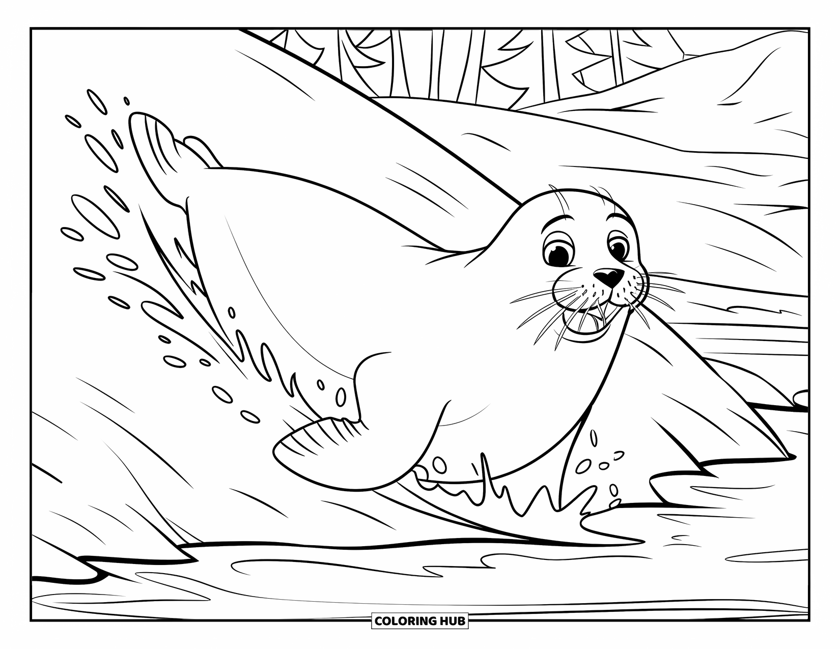 Seal Coloring Page for Kids: Seal with wide eyes slides into icy splash with snowy trees around