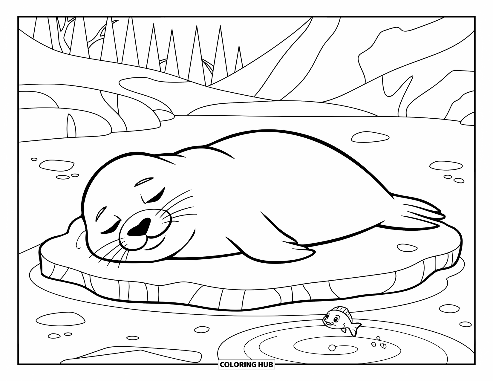 Seal Coloring Page for Kids: Sleeping seal rests on ice while a tiny fish swims nearby