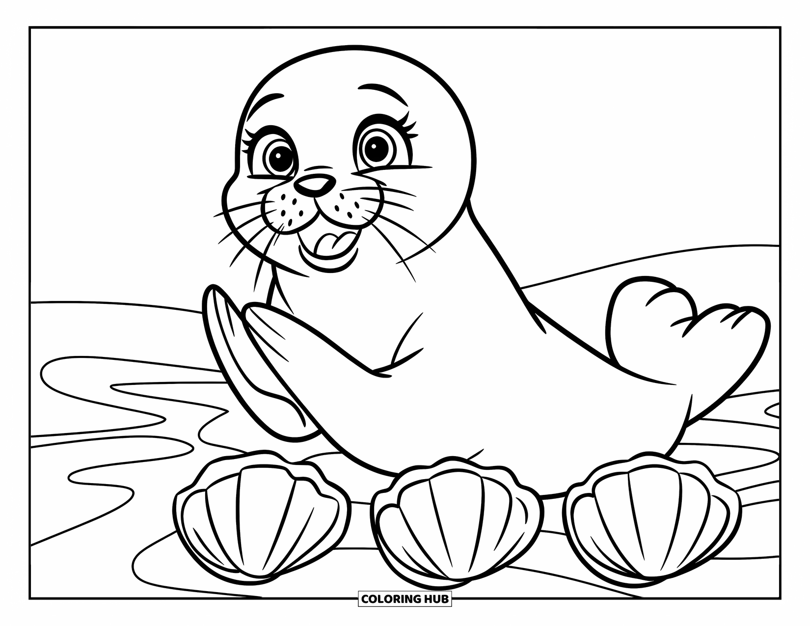 Seal Coloring Page for Kids: Smiling seal claps with joy beside three little shells