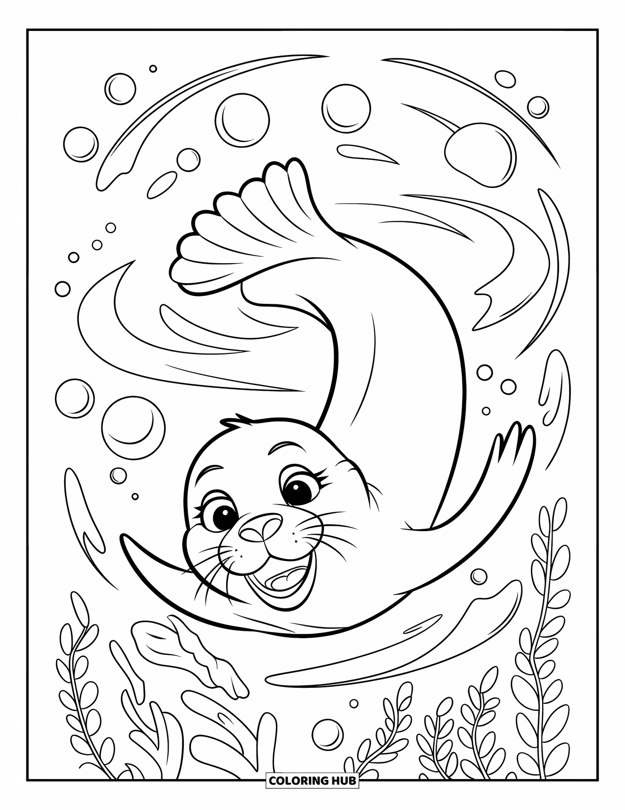 Seal Coloring Page for Kids: Smiling seal flips underwater with swirly bubbles and kelp