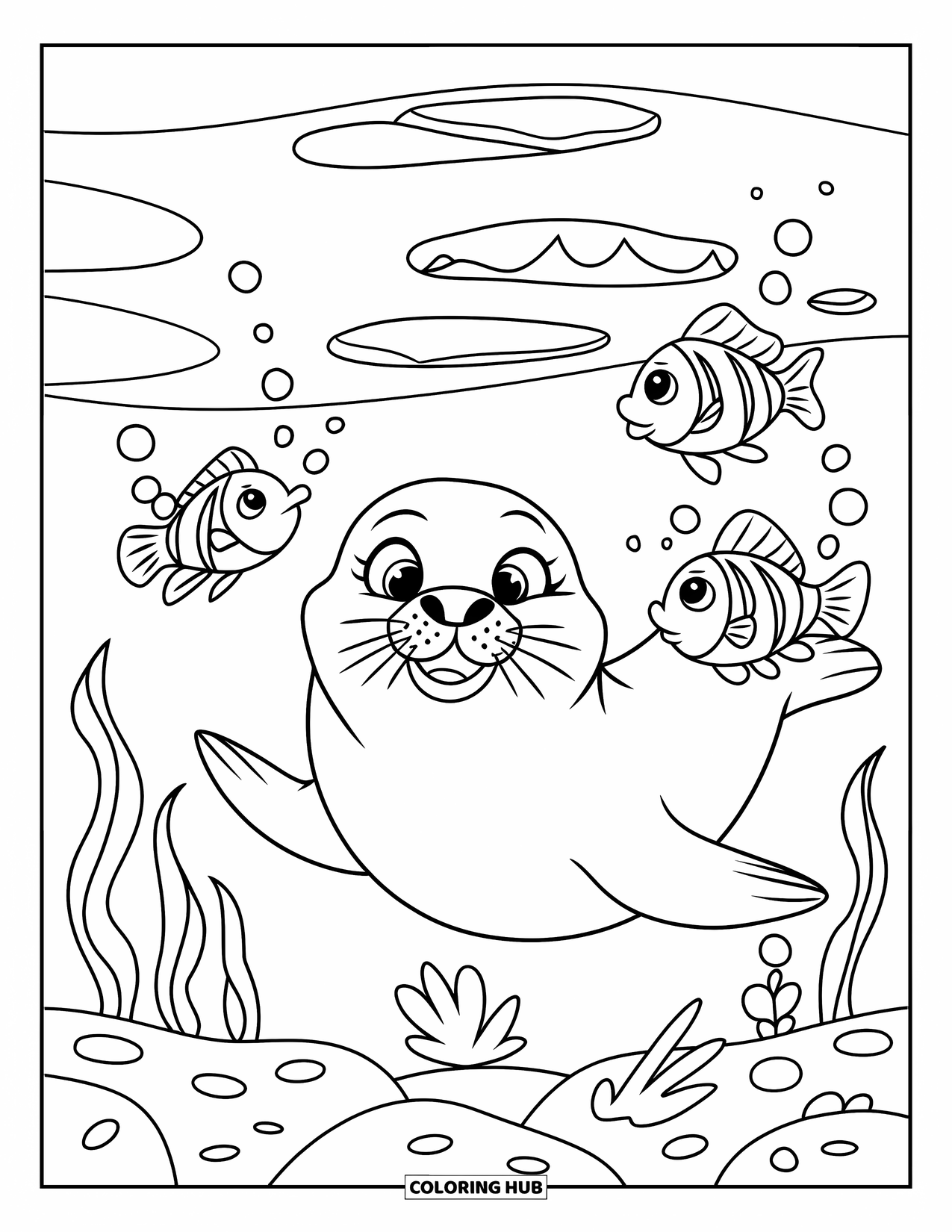 Seal Coloring Page for Kids: Smiling seal swims with playful fish and floating bubbles