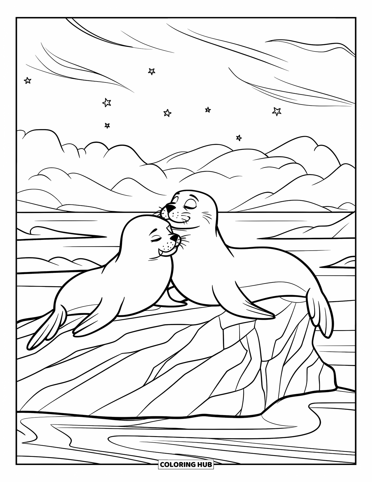 Seal Coloring Page for Kids: Two seals snuggle on rocks beneath a starlit, cloudy sky