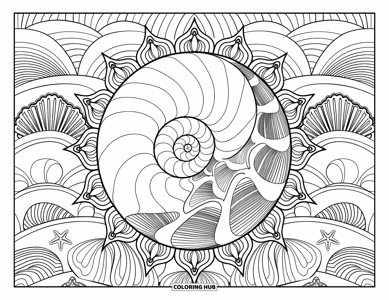 Seashell Coloring Page for Adults: A bold spiral shell sits in the middle of a detailed beach-themed mandala