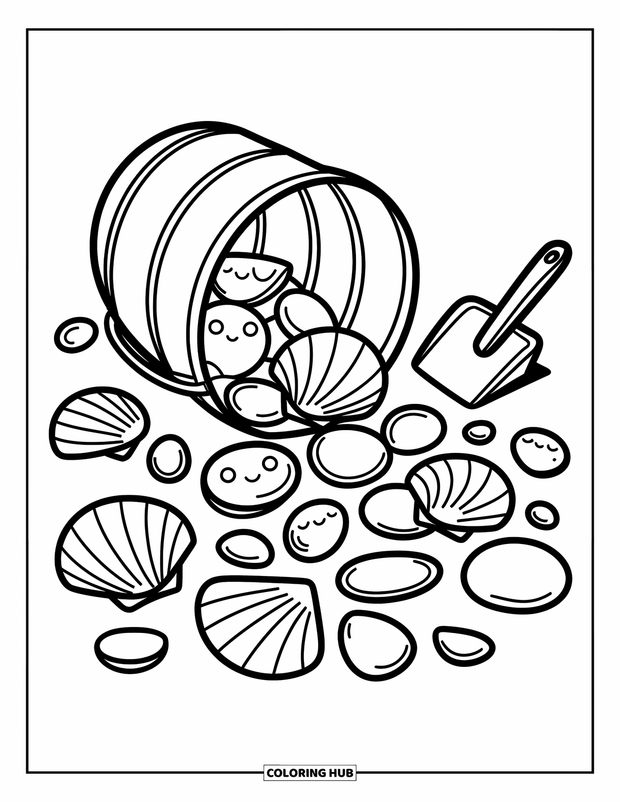 Seashell Coloring Page for Adults: A bucket spills adorable beach treasures beside a tiny shovel on the sand