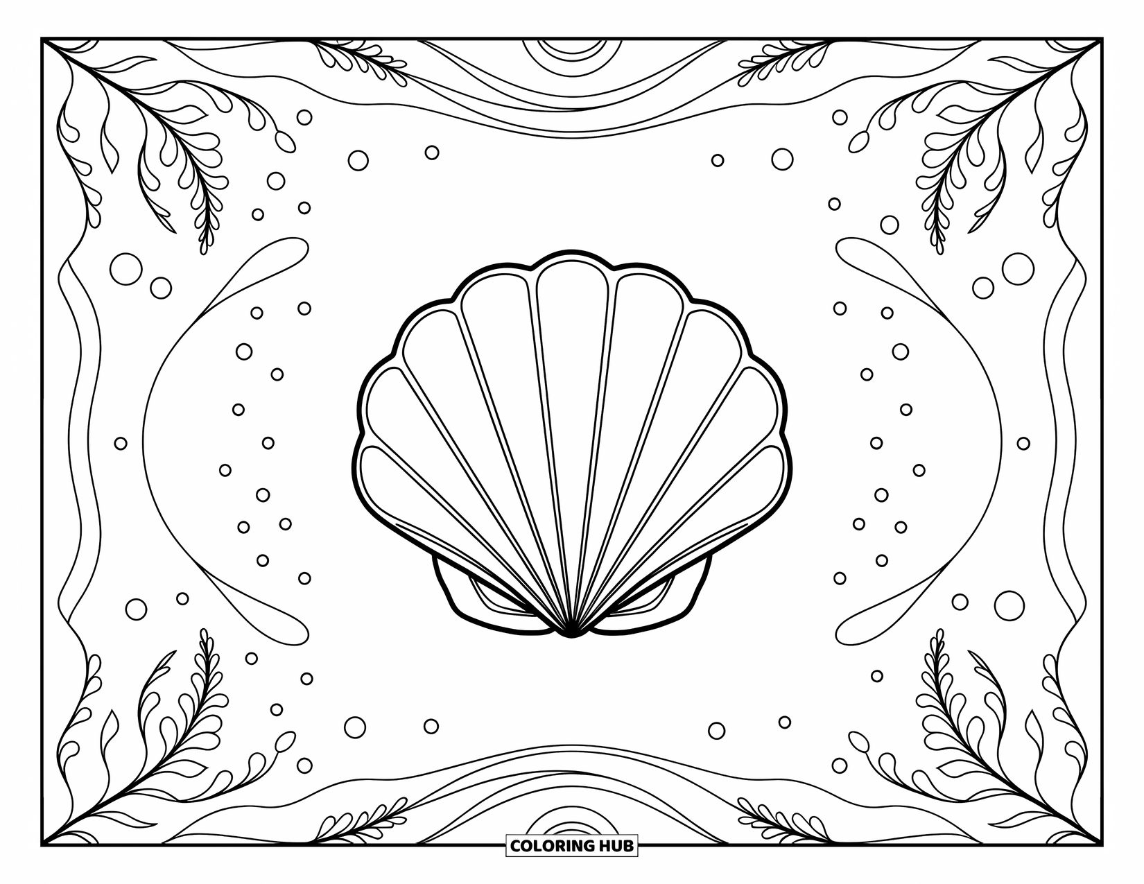Seashell Coloring Page for Adults: A detailed scallop shell is surrounded by sea plant swirls and dotted rings