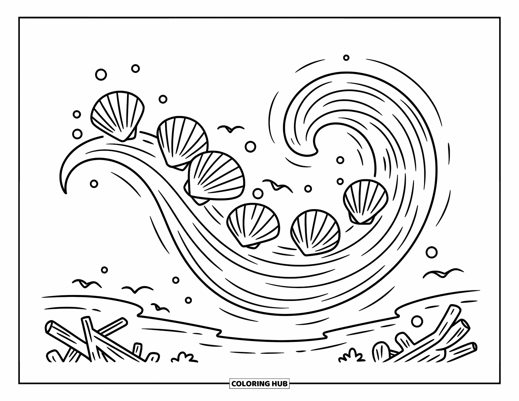Seashell Coloring Page for Adults: A gentle wave carries cute shells and playful fish in a cozy swirl