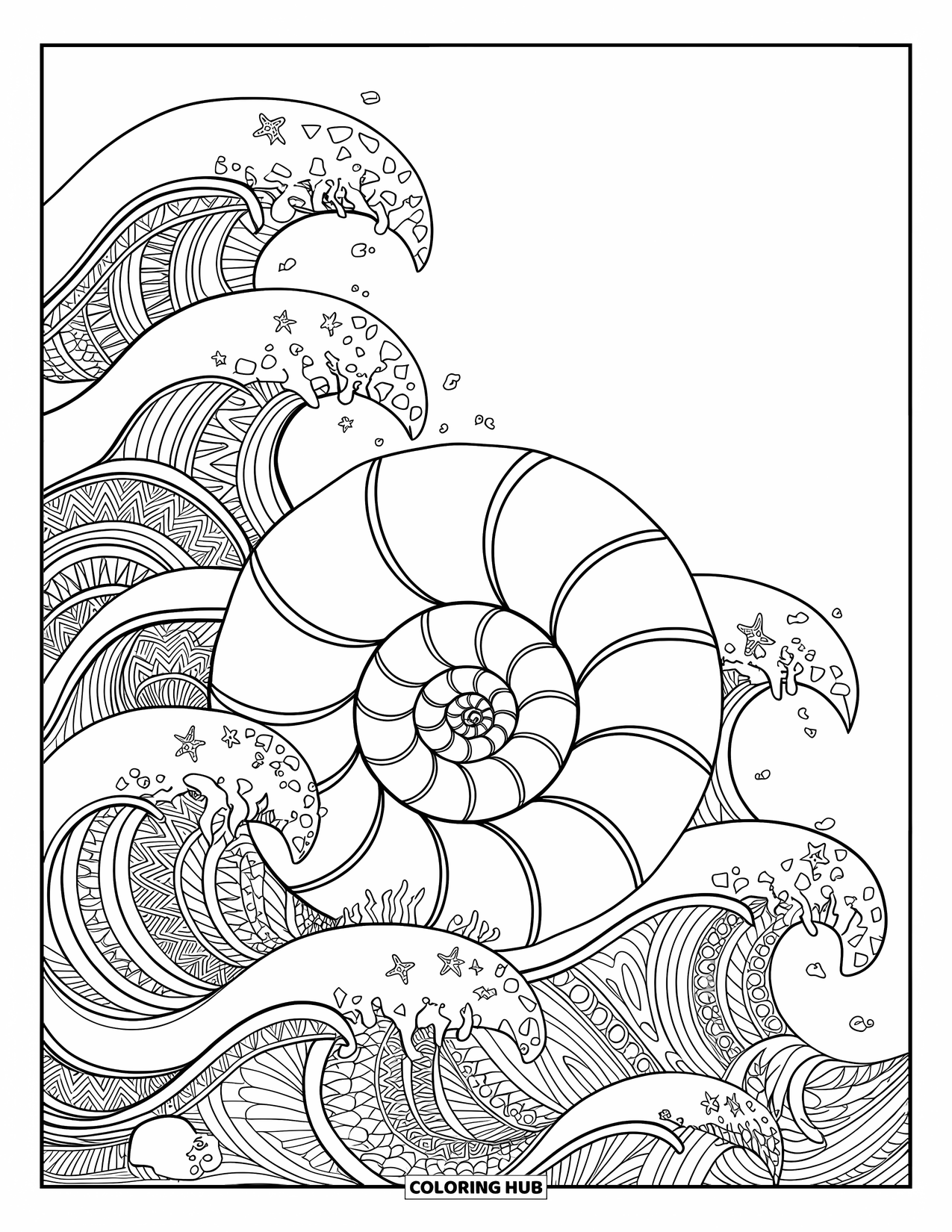 Seashell Coloring Page for Adults: A large spiral shell is framed by mandala waves and beach-themed icons
