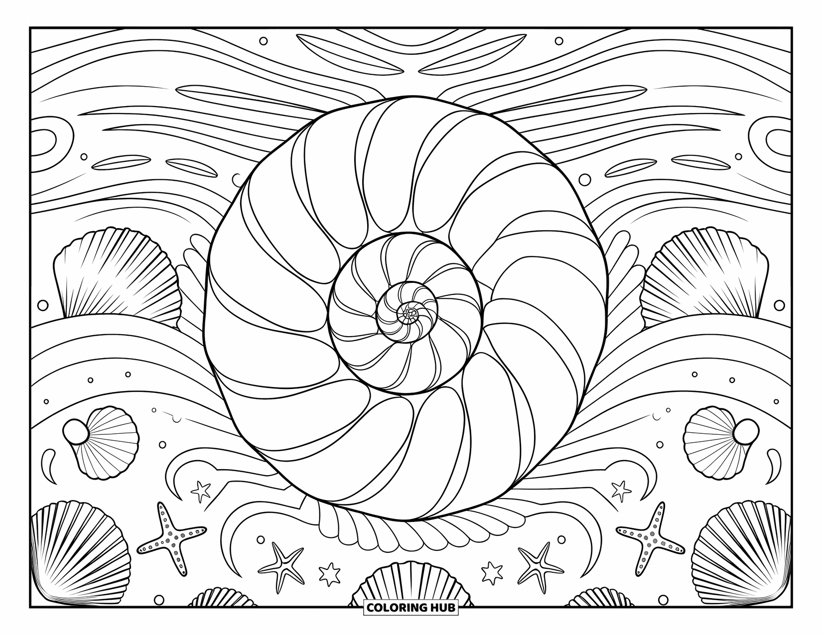 Seashell Coloring Page for Adults: A large spiral shell sits at the center of a coastal mandala