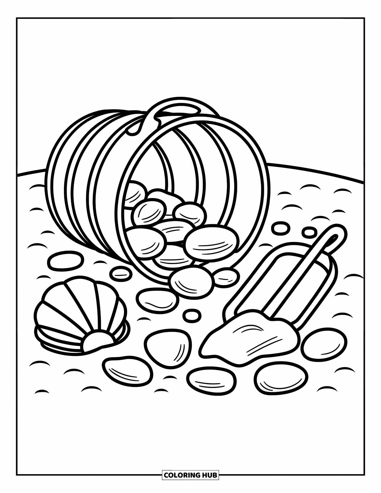 Seashell Coloring Page for Adults: A playful bucket spills shells, pebbles, and sea glass with a shovel nearby