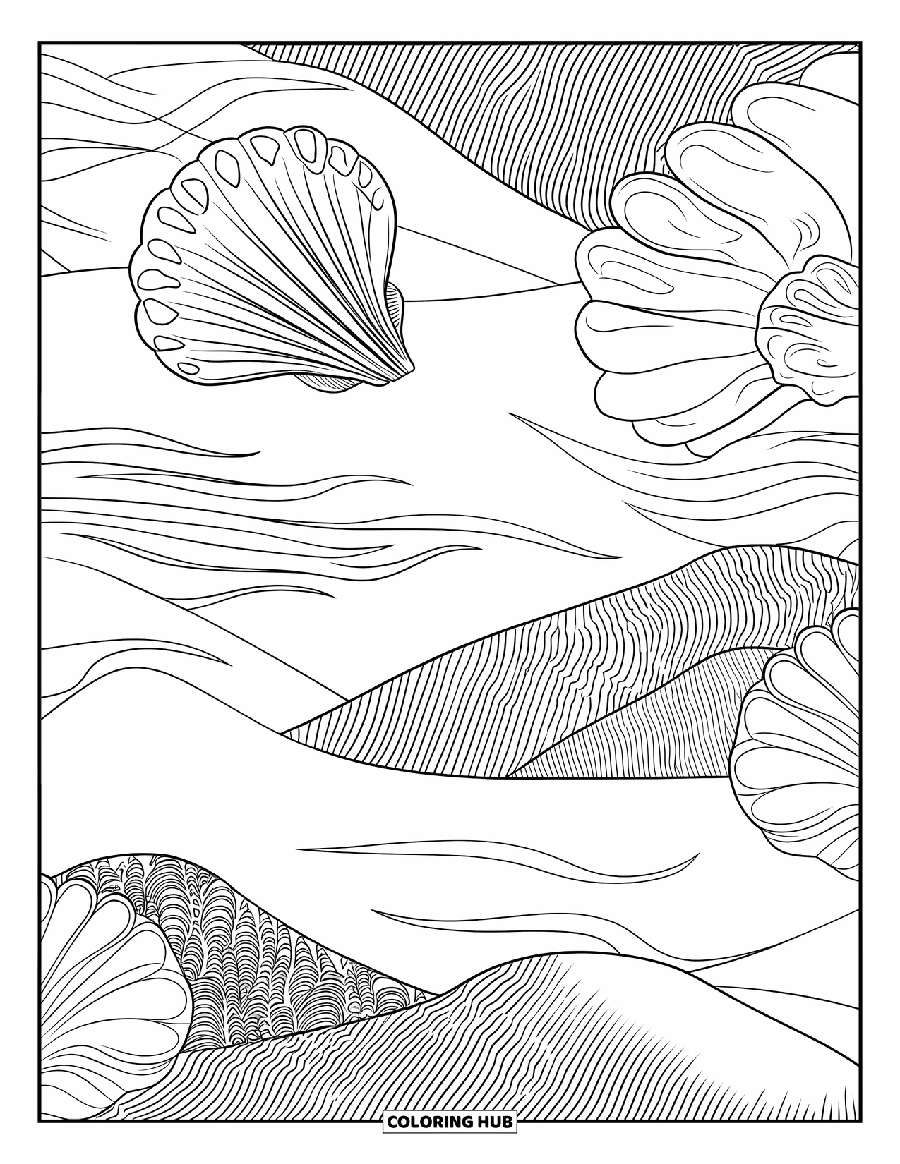Seashell Coloring Page for Adults: A relaxing collage of shells, dunes, and flowing wind lines fills the page