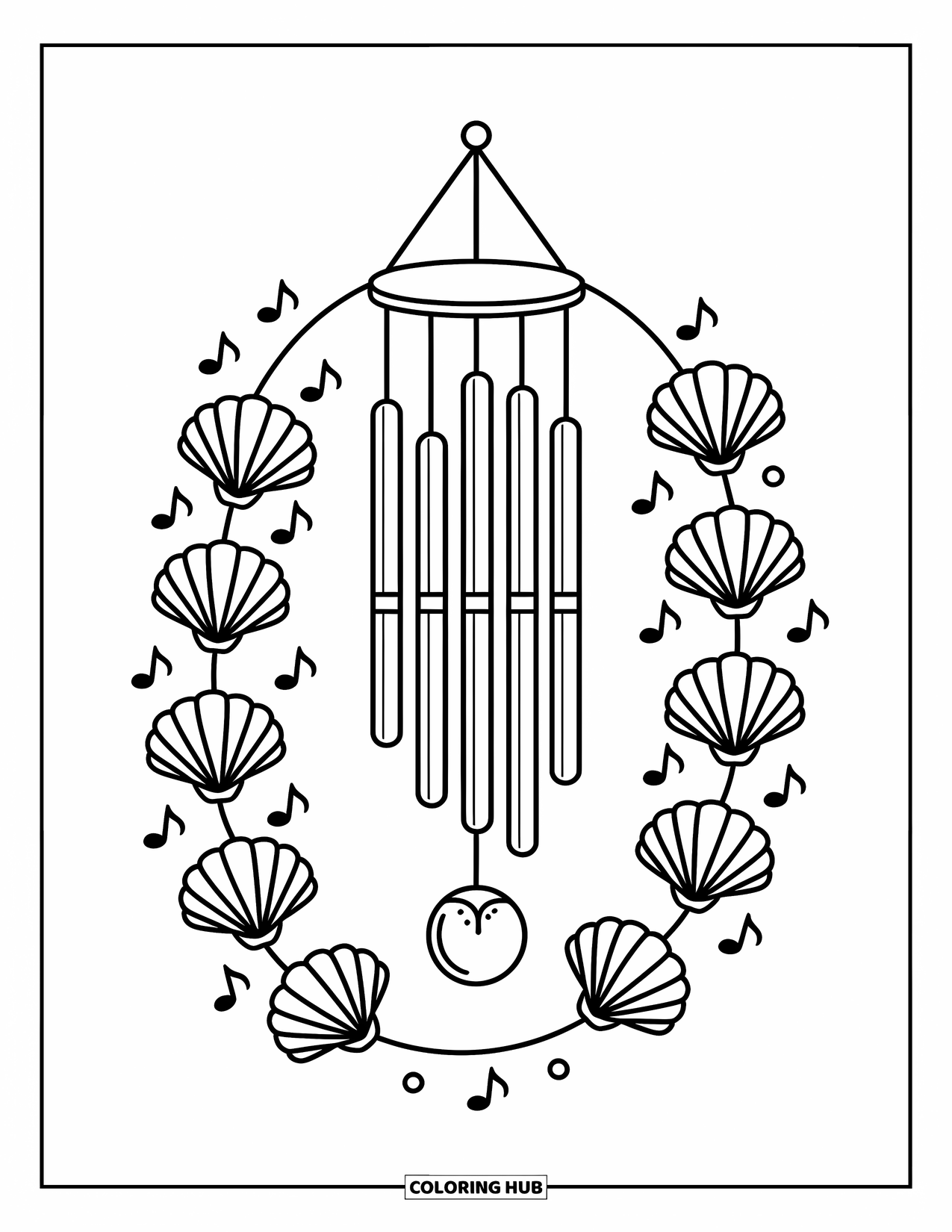 Seashell Coloring Page for Adults: A seashell wind chime dangles playfully with notes between the shell shapes