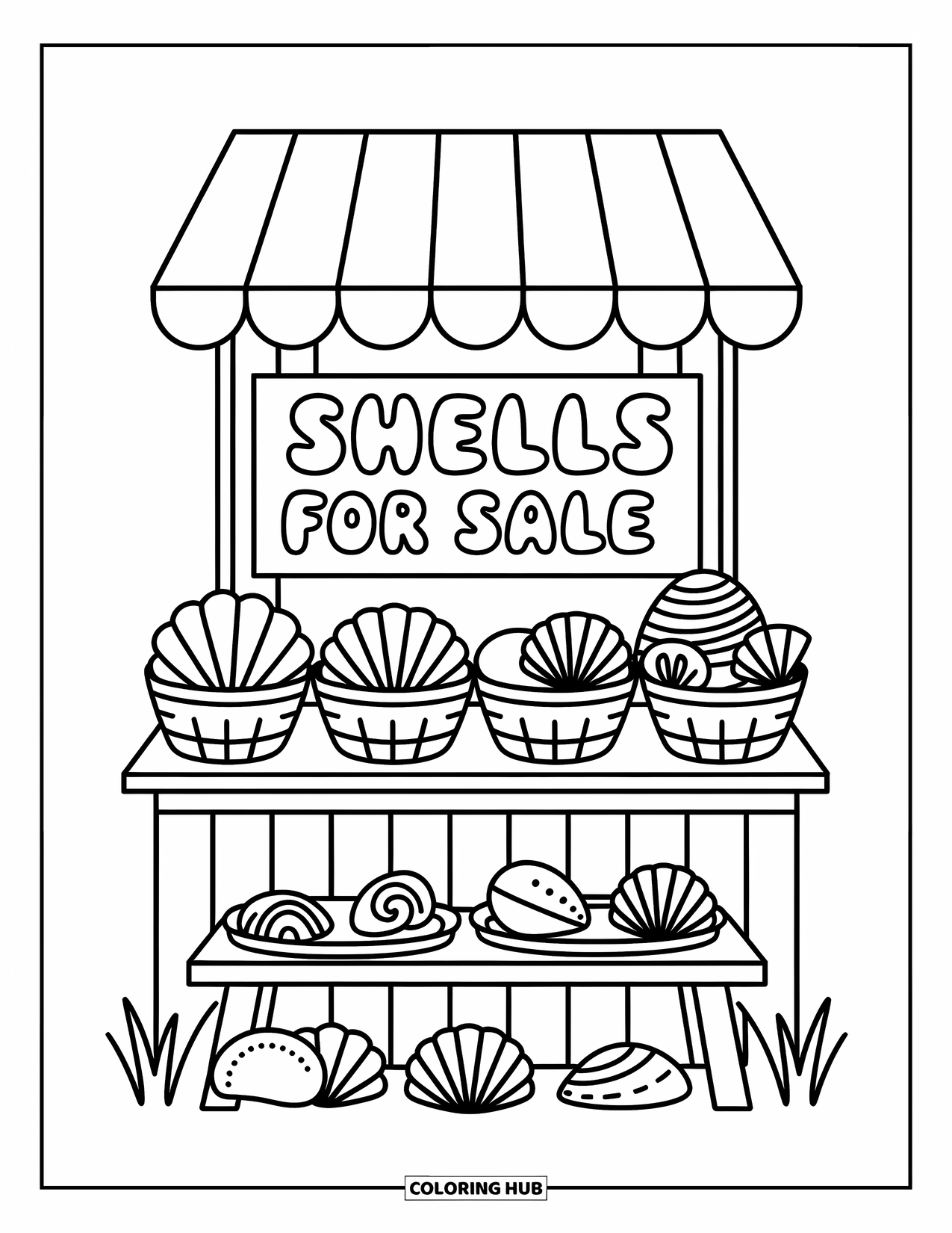 Seashell Coloring Page for Adults: A shell market stand holds fan and spiral shells under a fun striped roof