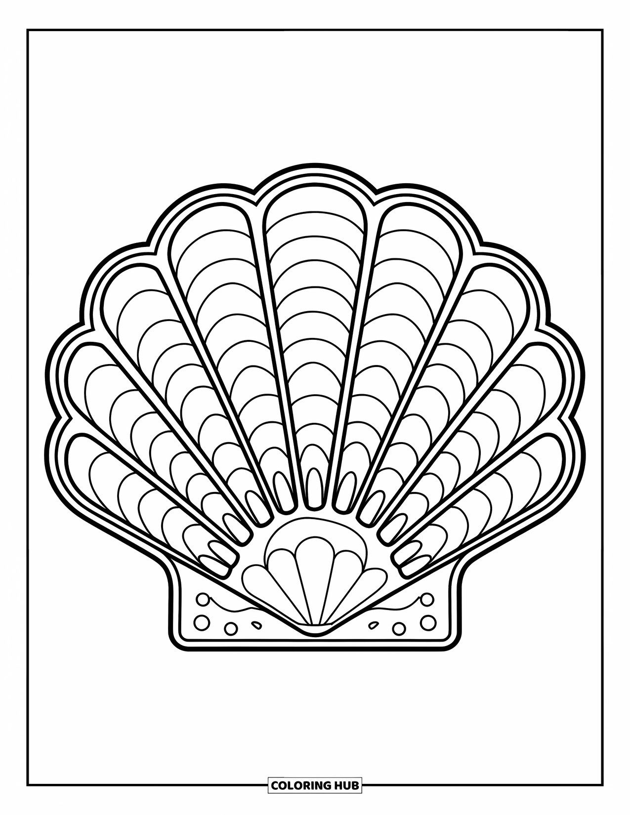 Seashell Coloring Page for Adults: A shell with a patterned interior rests simply on a white background