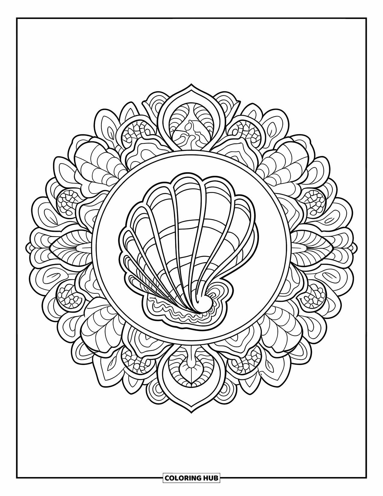 Seashell Coloring Page for Adults: A shell with swirling patterns is framed by circular designs and coastal details