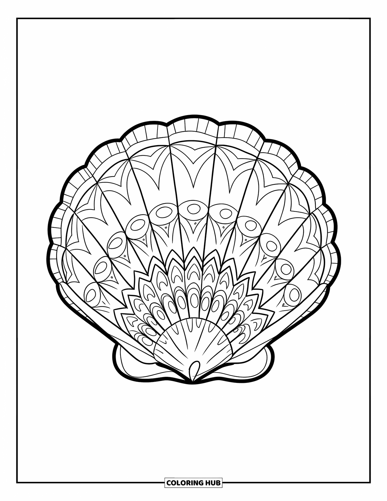 Seashell Coloring Page for Adults: A single shell features mandala-style details on a white background
