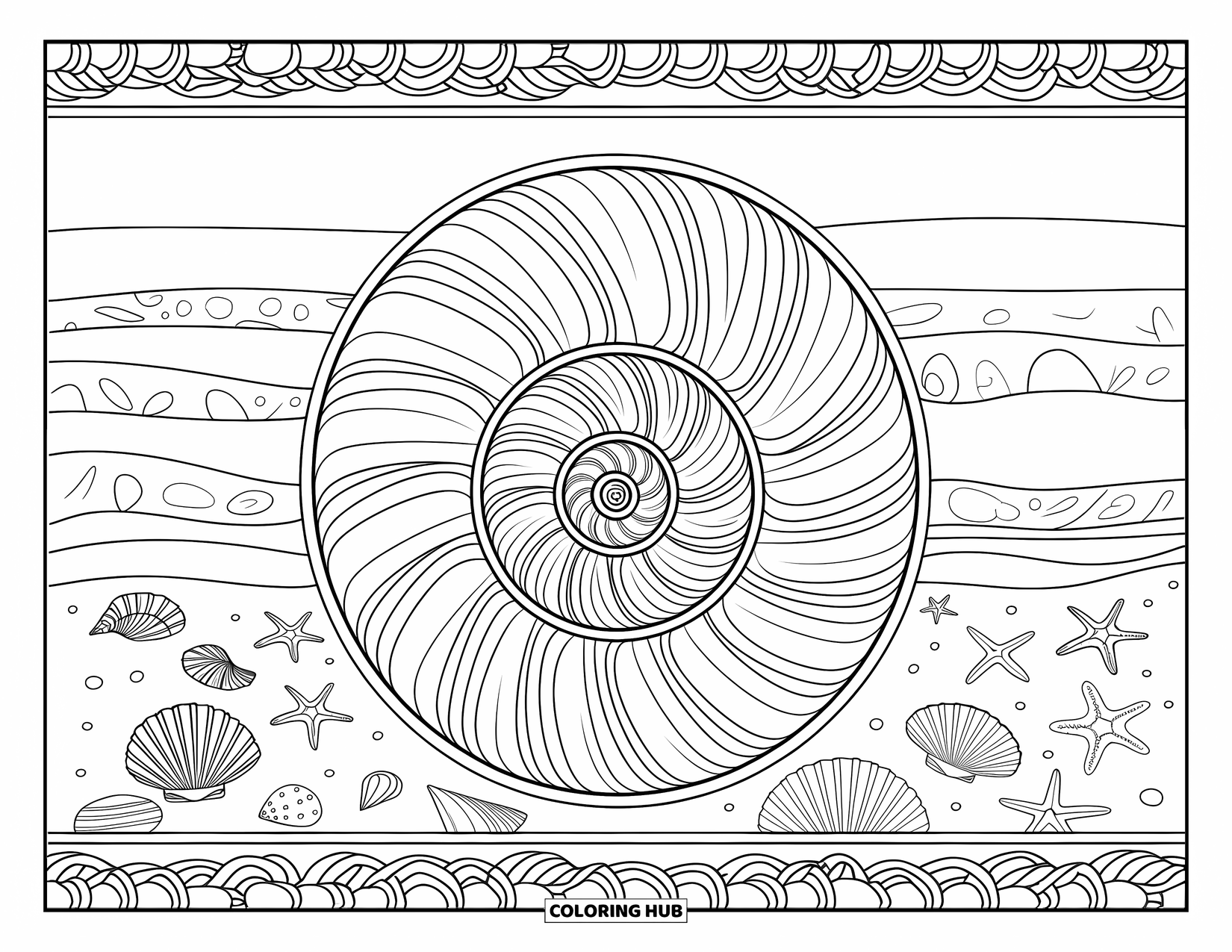 Seashell Coloring Page for Adults: A spiral shell centerpiece radiates coastal patterns with waves and starfish