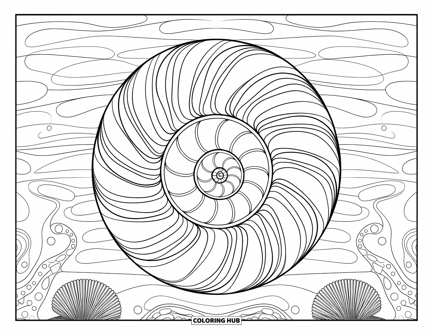Seashell Coloring Page for Adults: A spiral shell is surrounded by gentle waves and a seashell mandala