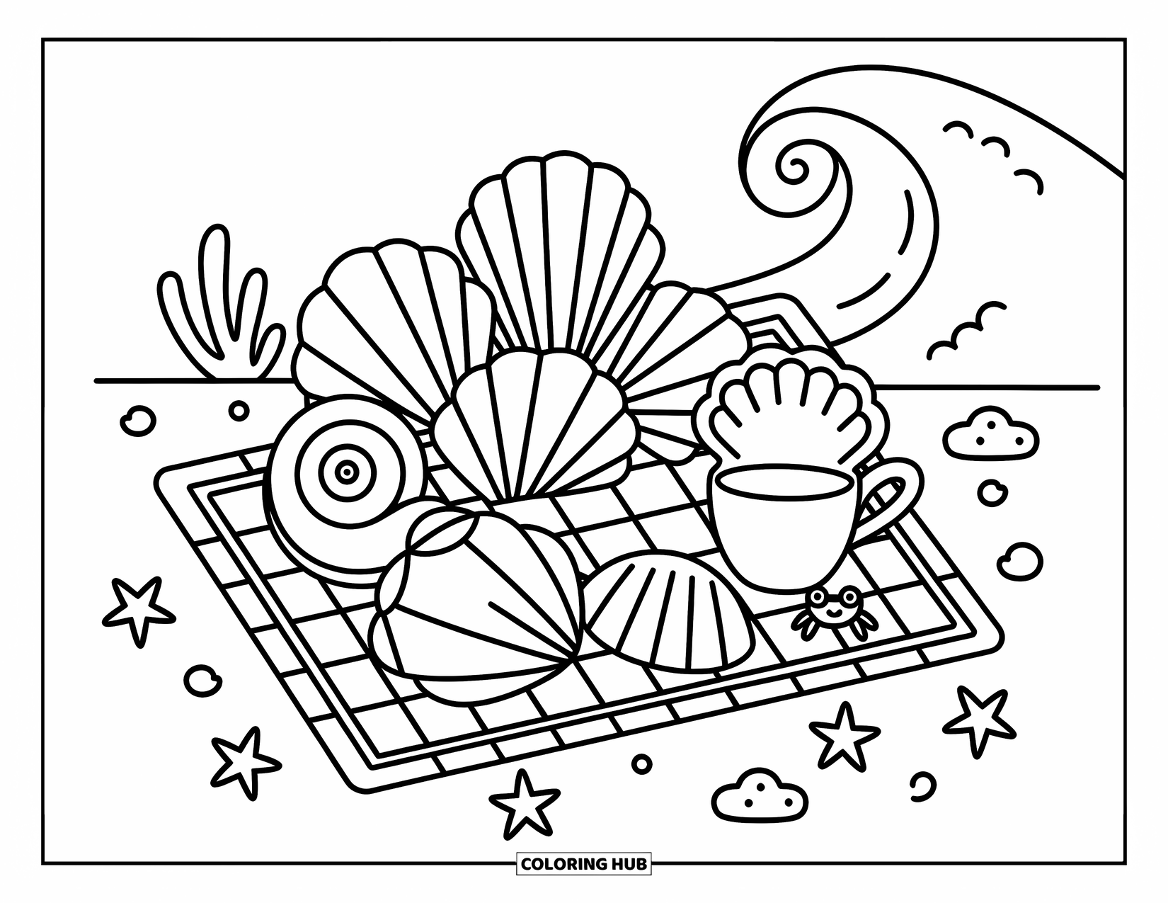 Seashell Coloring Page for Adults: Cute seashells sit on a picnic mat near the shore with a tiny crab peeking out