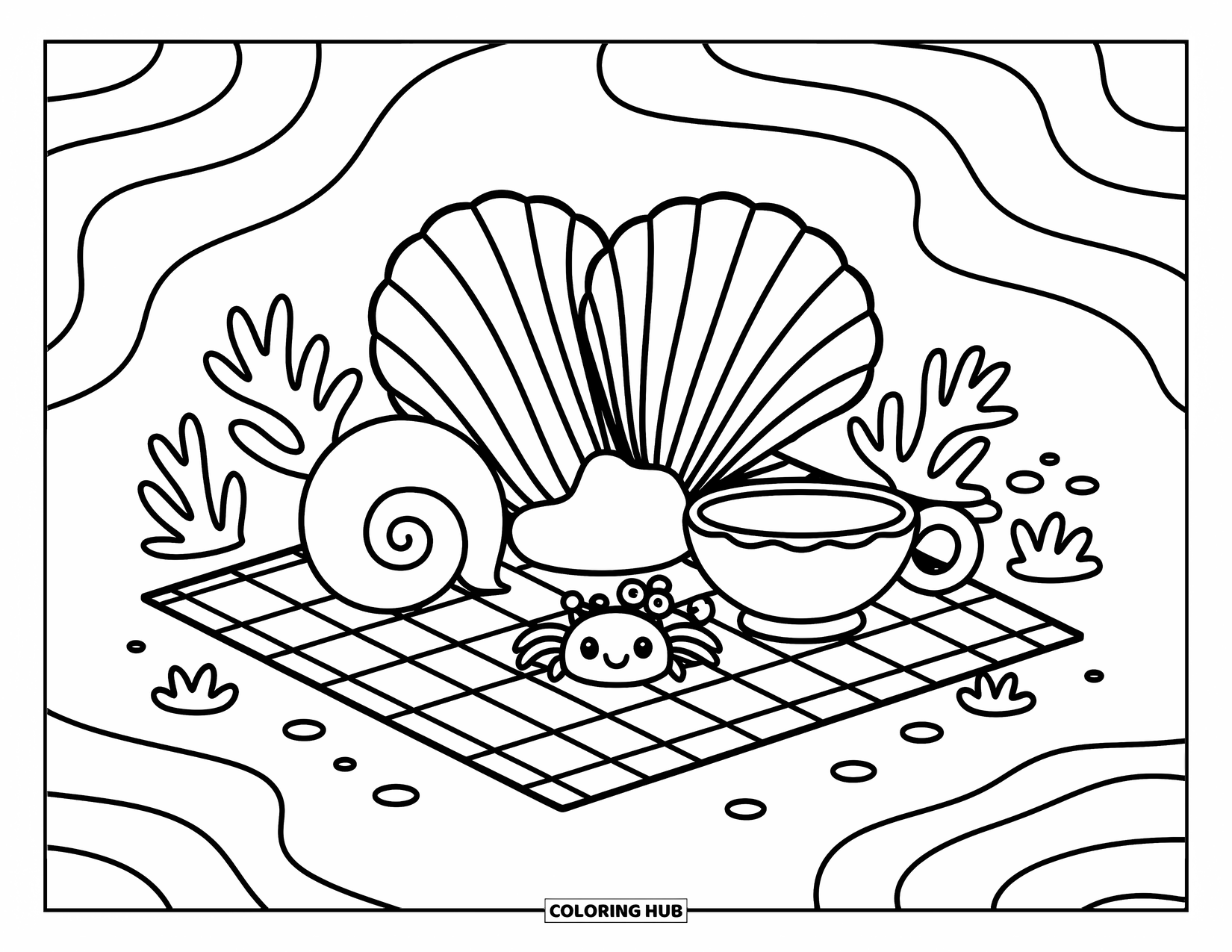 Seashell Coloring Page for Adults: Seashells gather on a picnic mat near the shore with a playful crab nearby