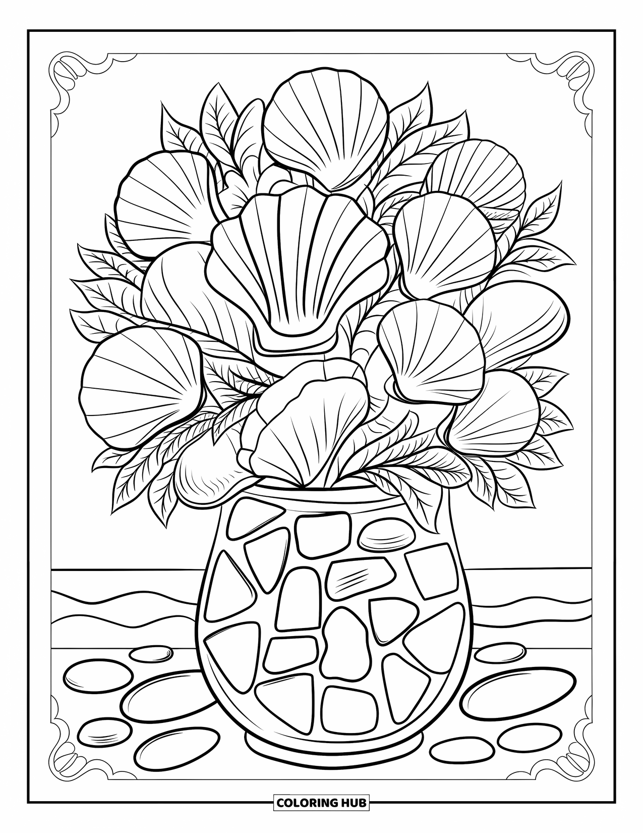Seashell Coloring Page for Adults: Shells and sea glass are arranged in a vase with a simple frame