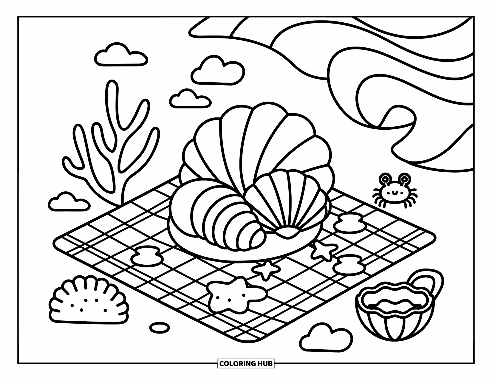 Seashell Coloring Page for Adults: Shells rest on a tiny mat with coral and a crab beside soft waves