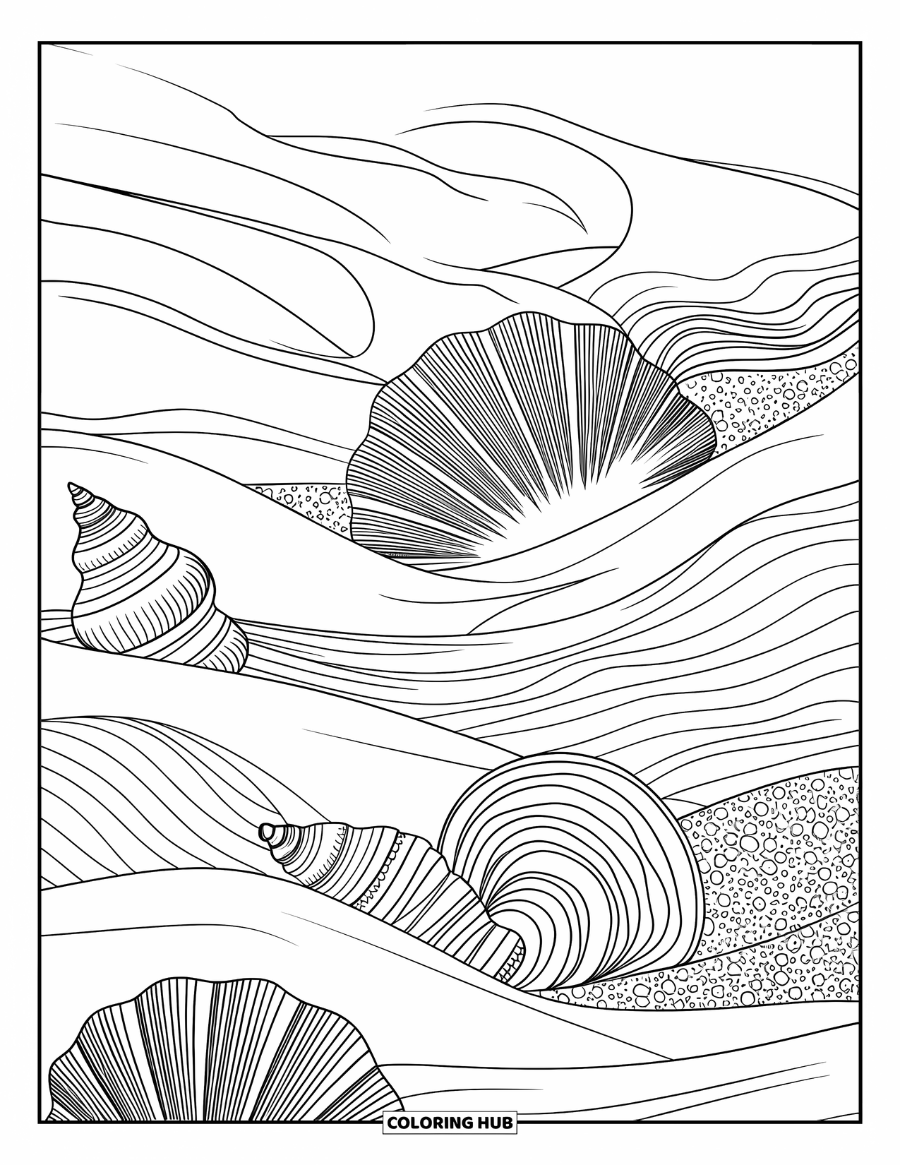 Seashell Coloring Page for Adults: Shells, sand dunes, and wind-drawn waves create a peaceful beach collage