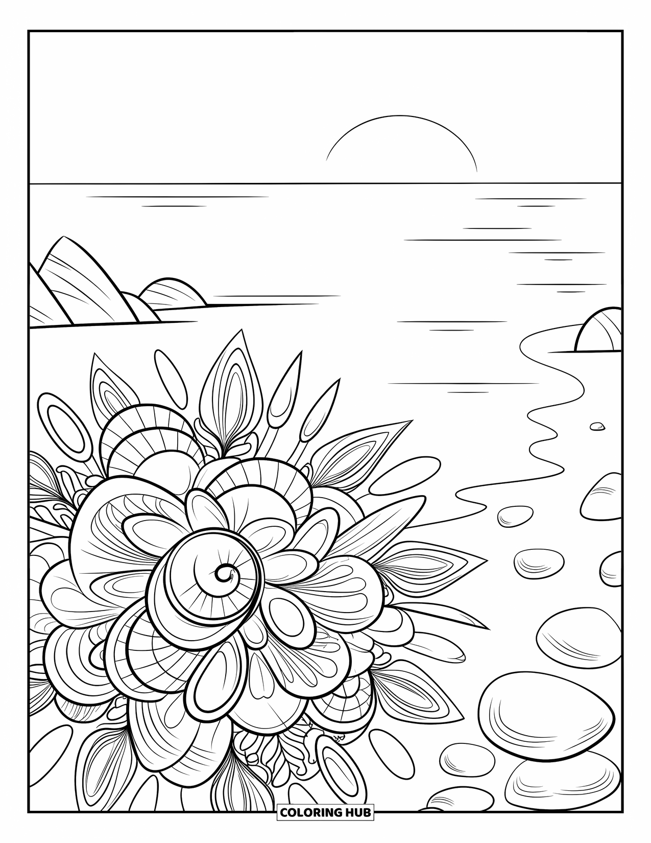 Seashell Coloring Page for Adults: Shells, stones, and glass form a bouquet near the calm sea and setting sun