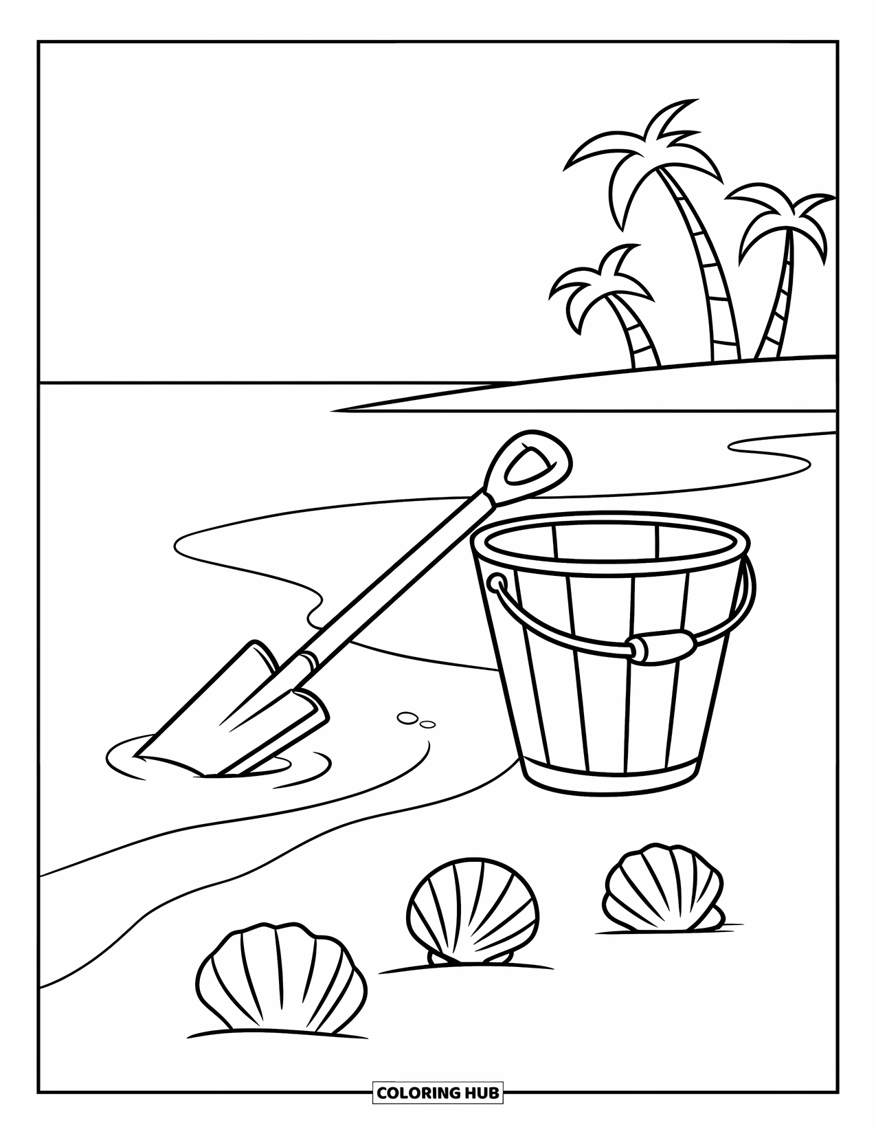 Seashell Coloring Page for Kids: A bucket and shovel sit near seashells with palm trees in the distance