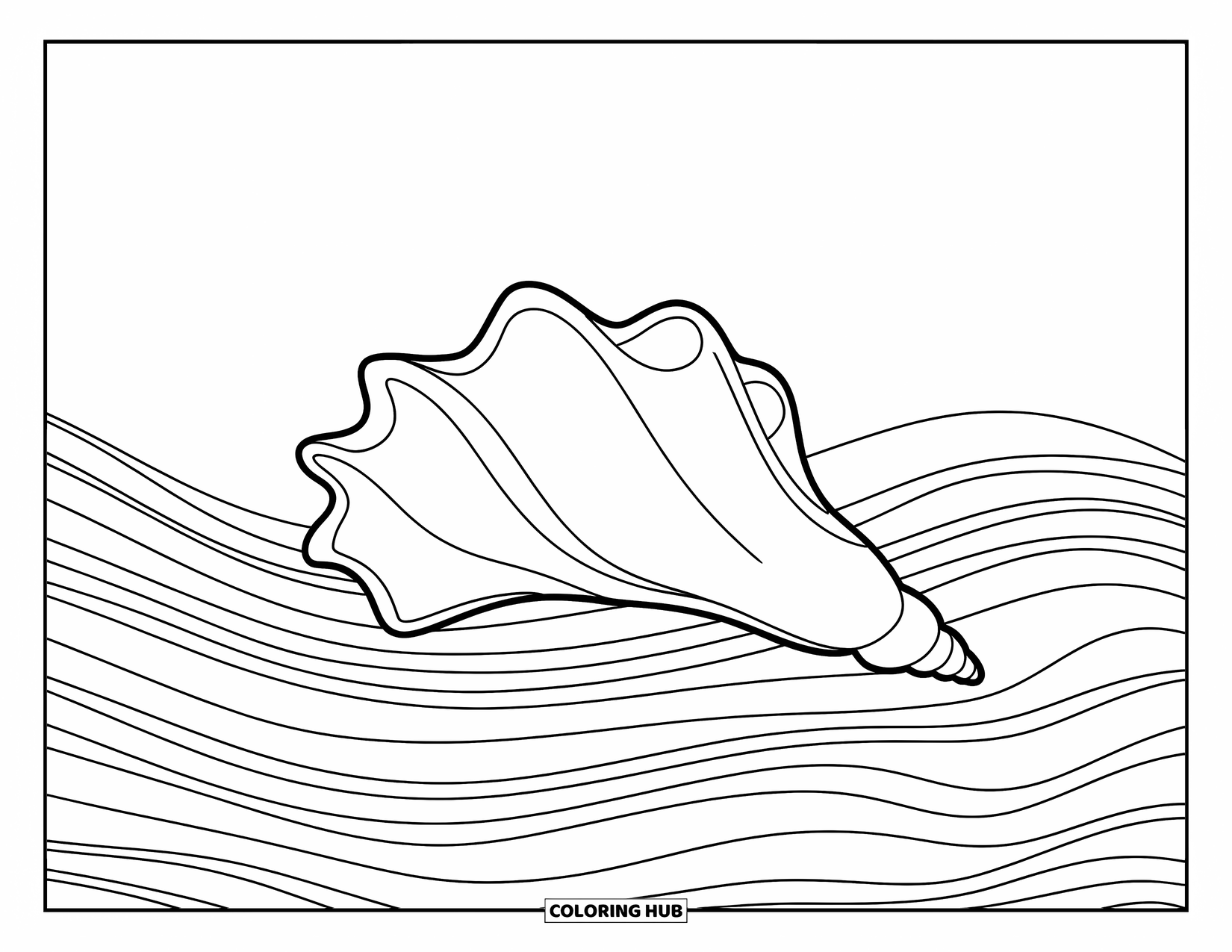 Seashell Coloring Page for Kids: A conch shell rests peacefully with wave lines behind it