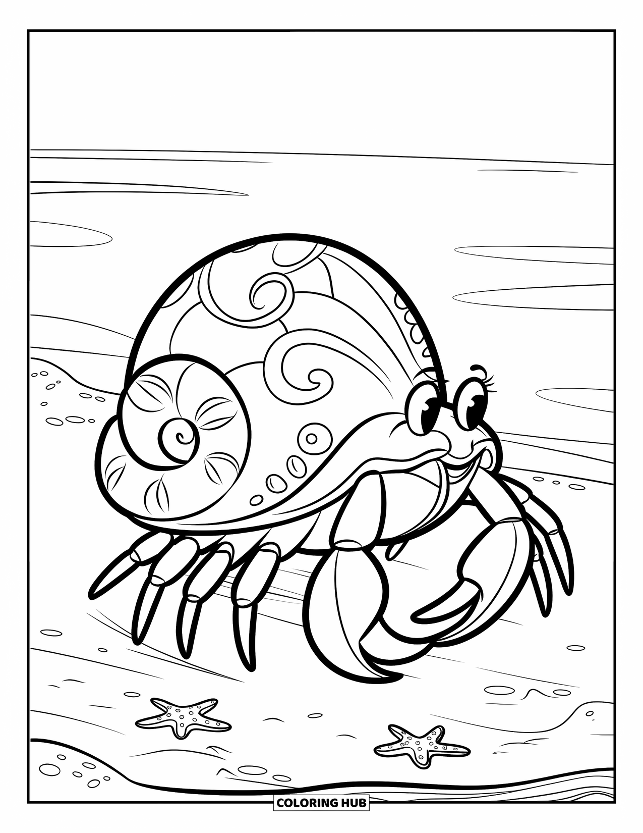 Seashell Coloring Page for Kids: A crab with a heart-shaped shell walks near starfish and calm waves